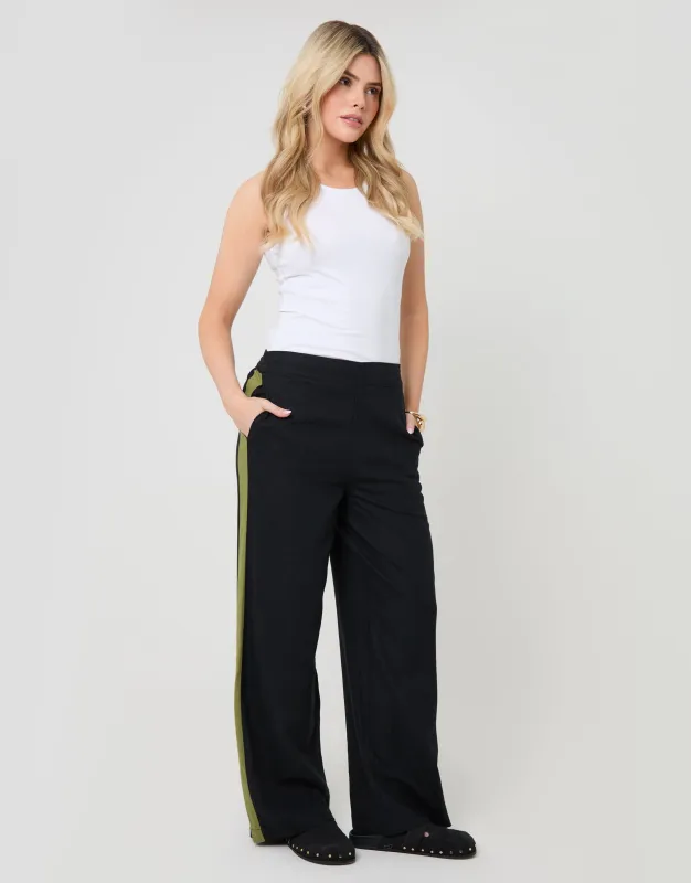 Black Side Stripe Linen Blend Wide Leg Trousers made by Threadbare