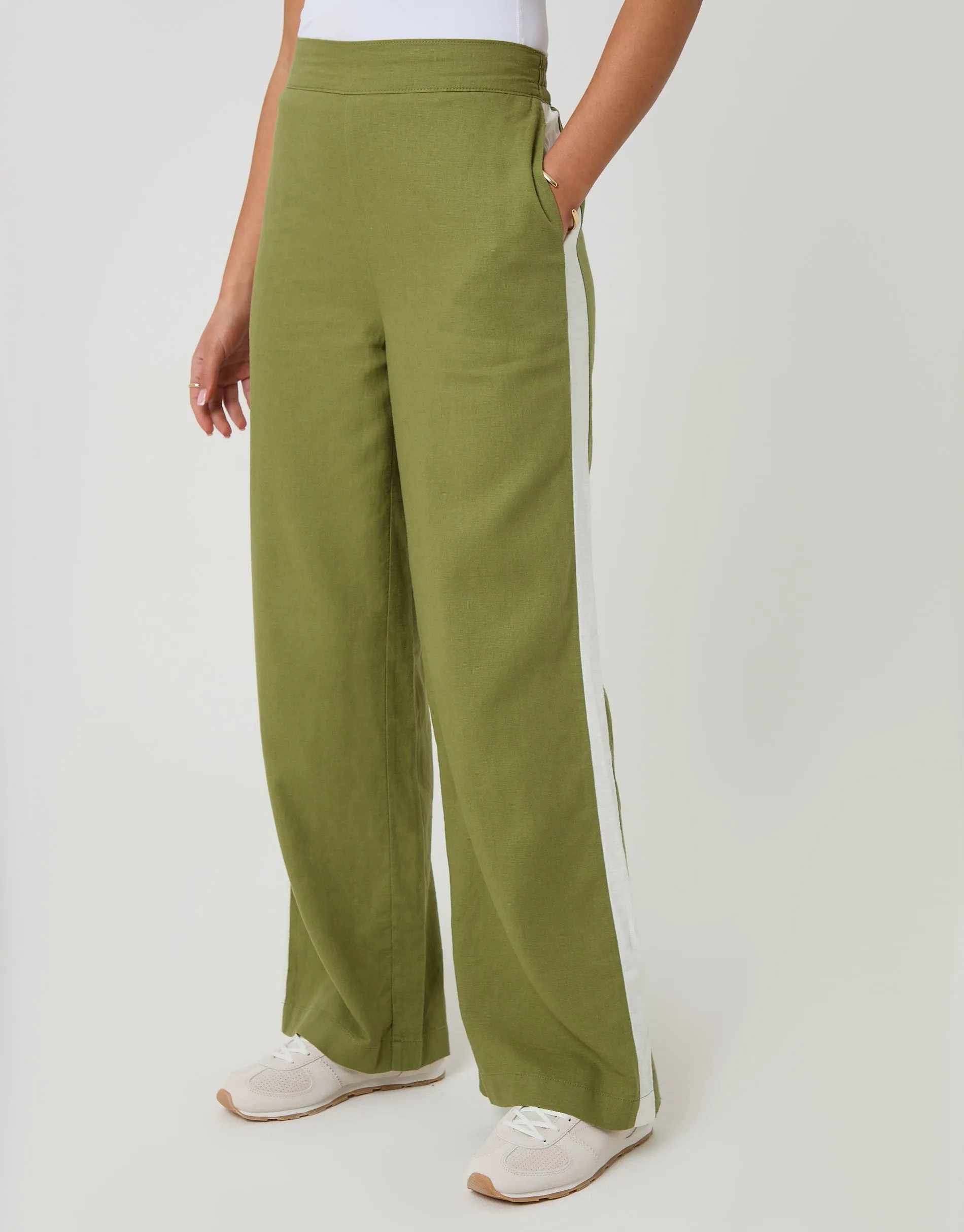 Olive Green Side Stripe Linen Blend Wide Leg Trousers sold by Threadbare product image thumbnail 2