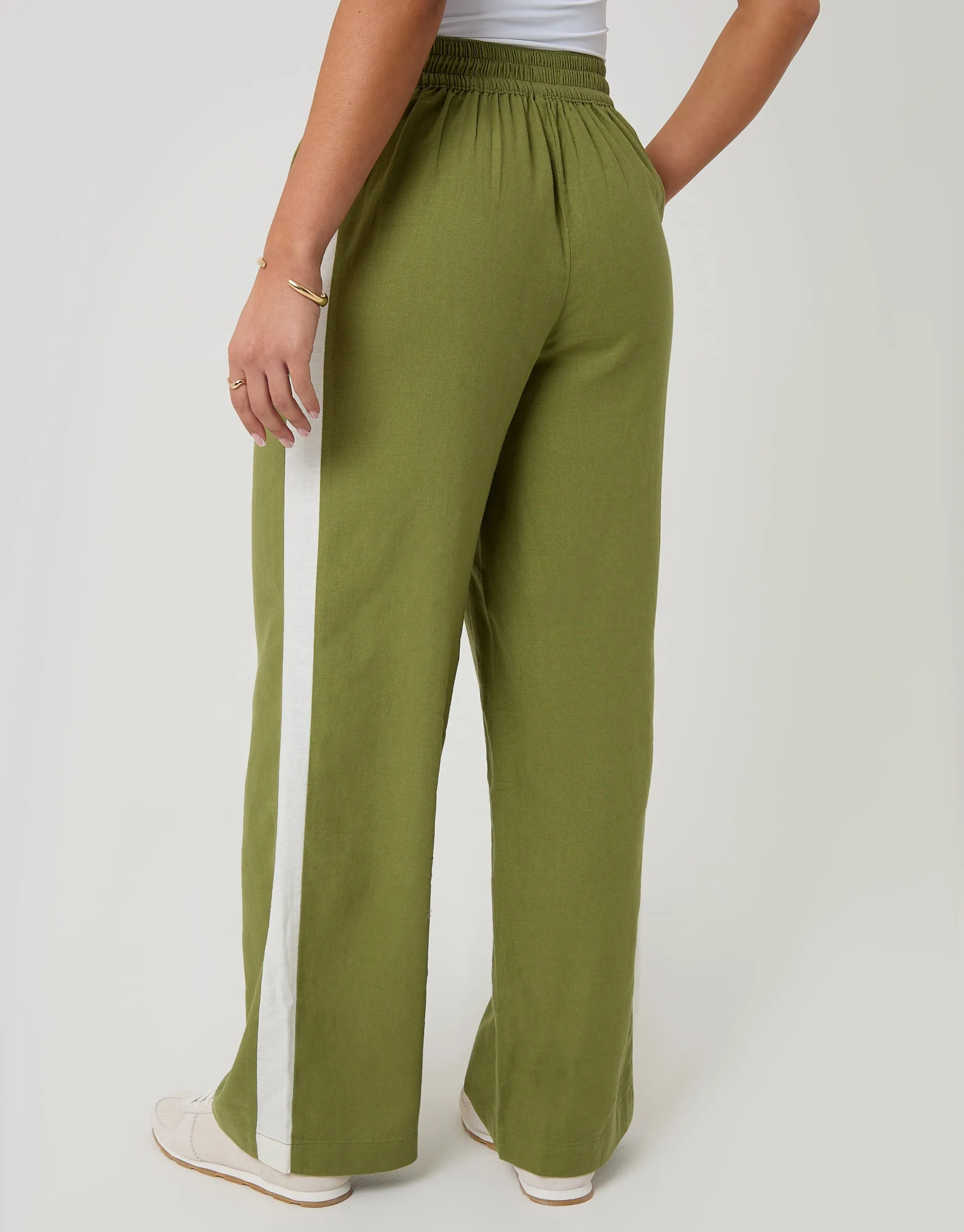 Olive Green Side Stripe Linen Blend Wide Leg Trousers sold by Threadbare product image thumbnail 3