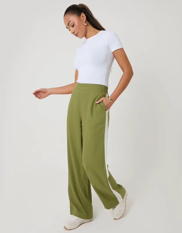 Olive Green Side Stripe Linen Blend Wide Leg Trousers sold by Threadbare