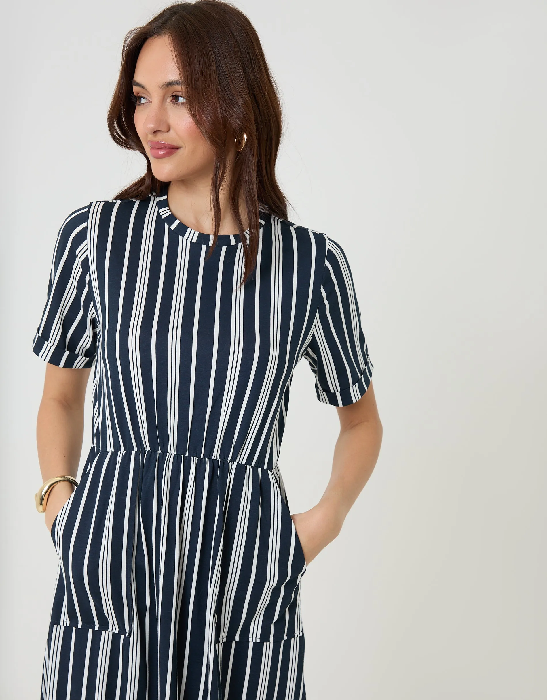 Navy Stripe Crew Neck Jersey Midi Dress with Patch Pockets sold by Threadbare product image thumbnail 4