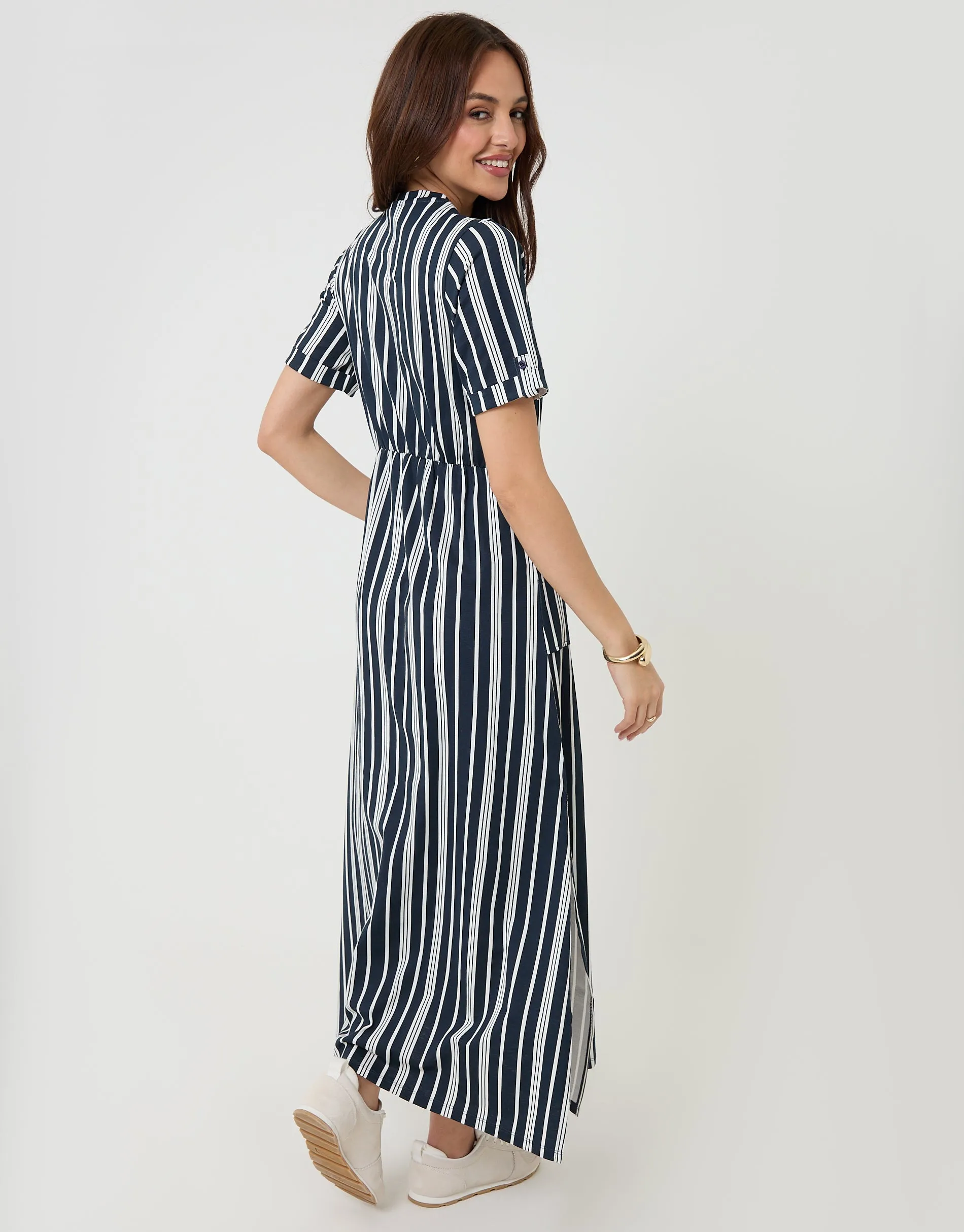 Navy Stripe Crew Neck Jersey Midi Dress with Patch Pockets sold by Threadbare product image thumbnail 3