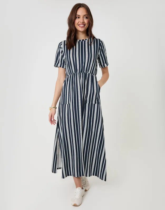 Navy Stripe Crew Neck Jersey Midi Dress with Patch Pockets sold by Threadbare