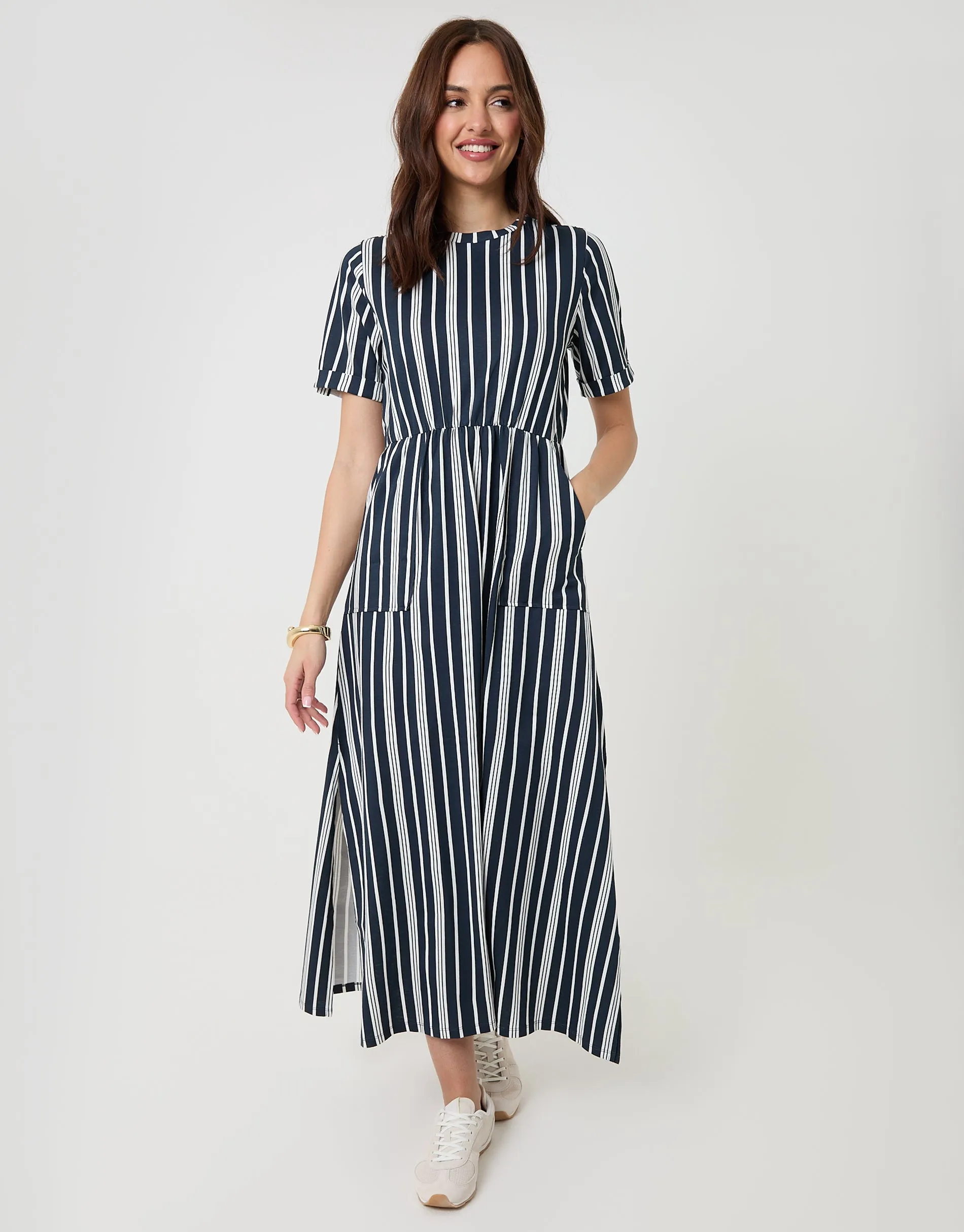 Navy Stripe Crew Neck Jersey Midi Dress with Patch Pockets sold by Threadbare