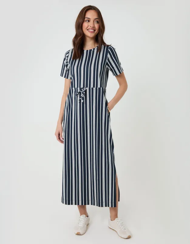 Navy Stripe Drawstring Waist Side Split Cotton Jersey Midi Dress sold by Threadbare