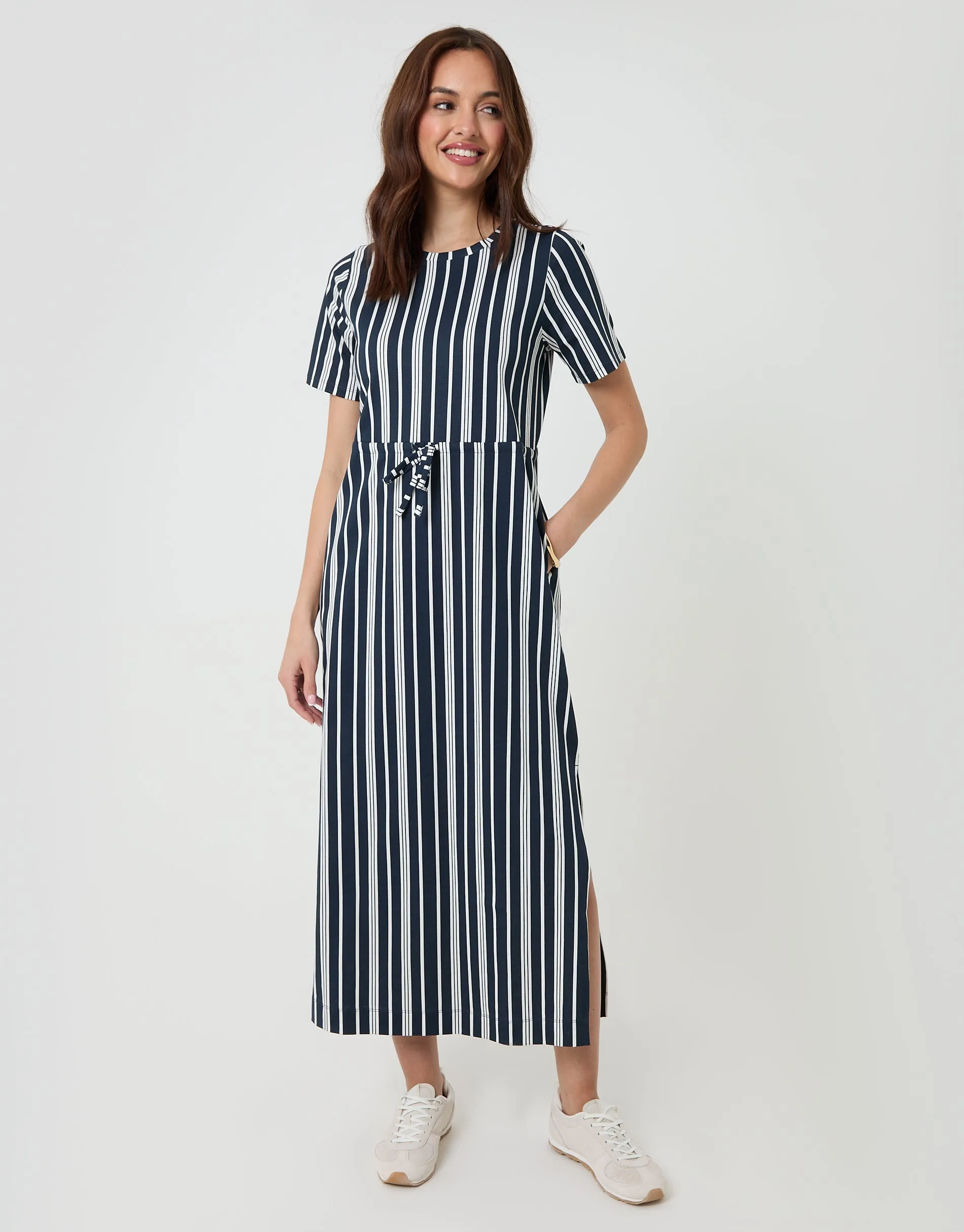 Navy Stripe Drawstring Waist Side Split Cotton Jersey Midi Dress sold by Threadbare