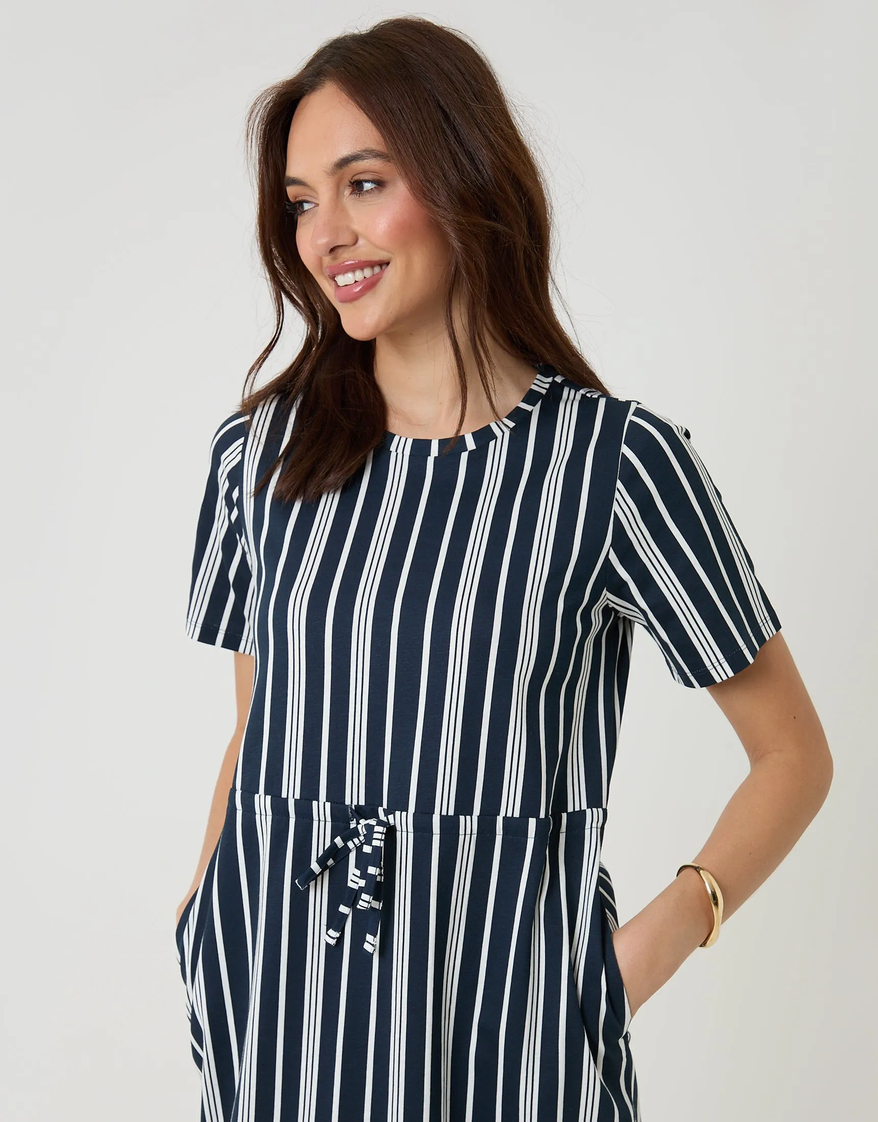 Navy Stripe Drawstring Waist Side Split Cotton Jersey Midi Dress sold by Threadbare product image thumbnail 4