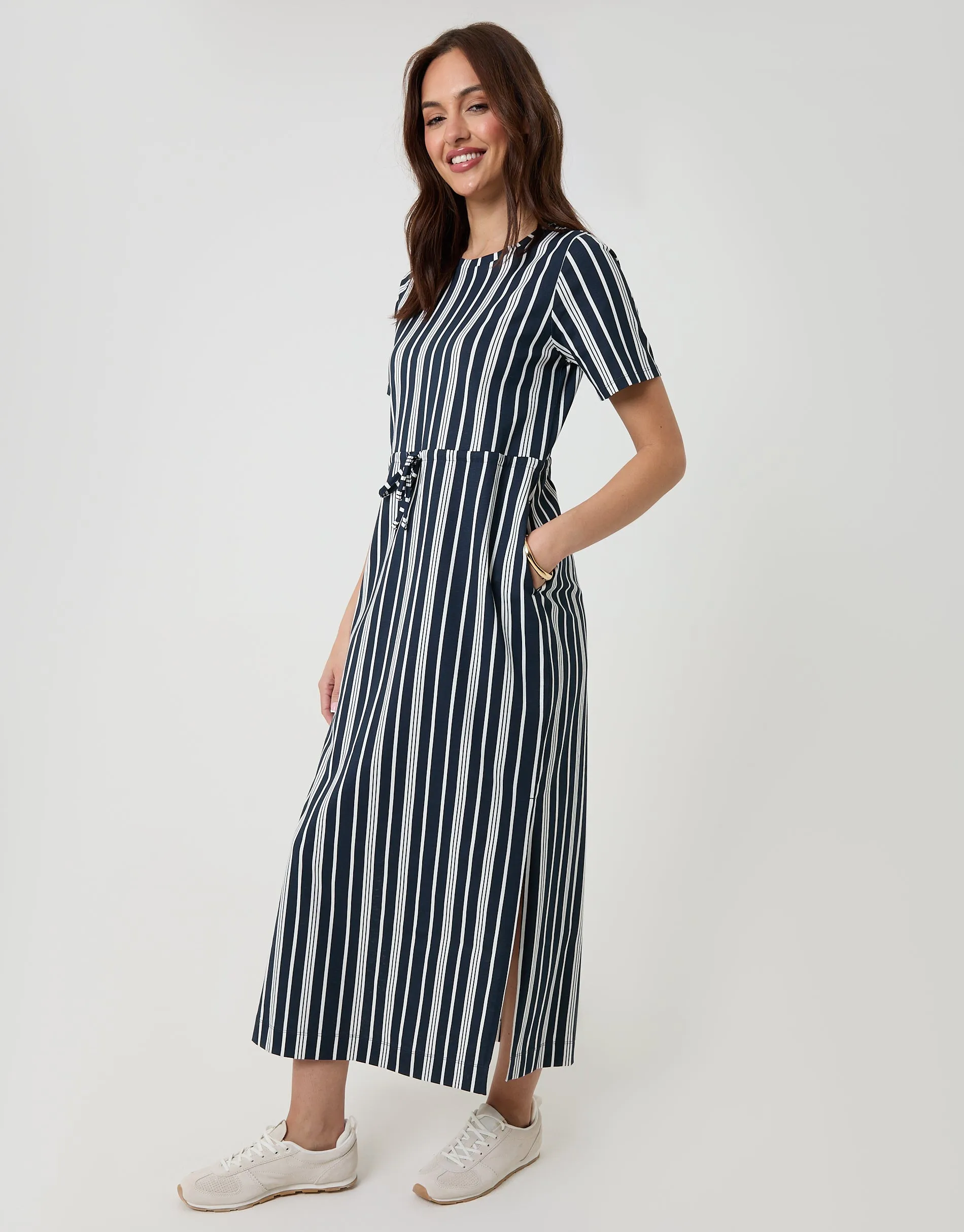 Navy Stripe Drawstring Waist Side Split Cotton Jersey Midi Dress sold by Threadbare product image thumbnail 3