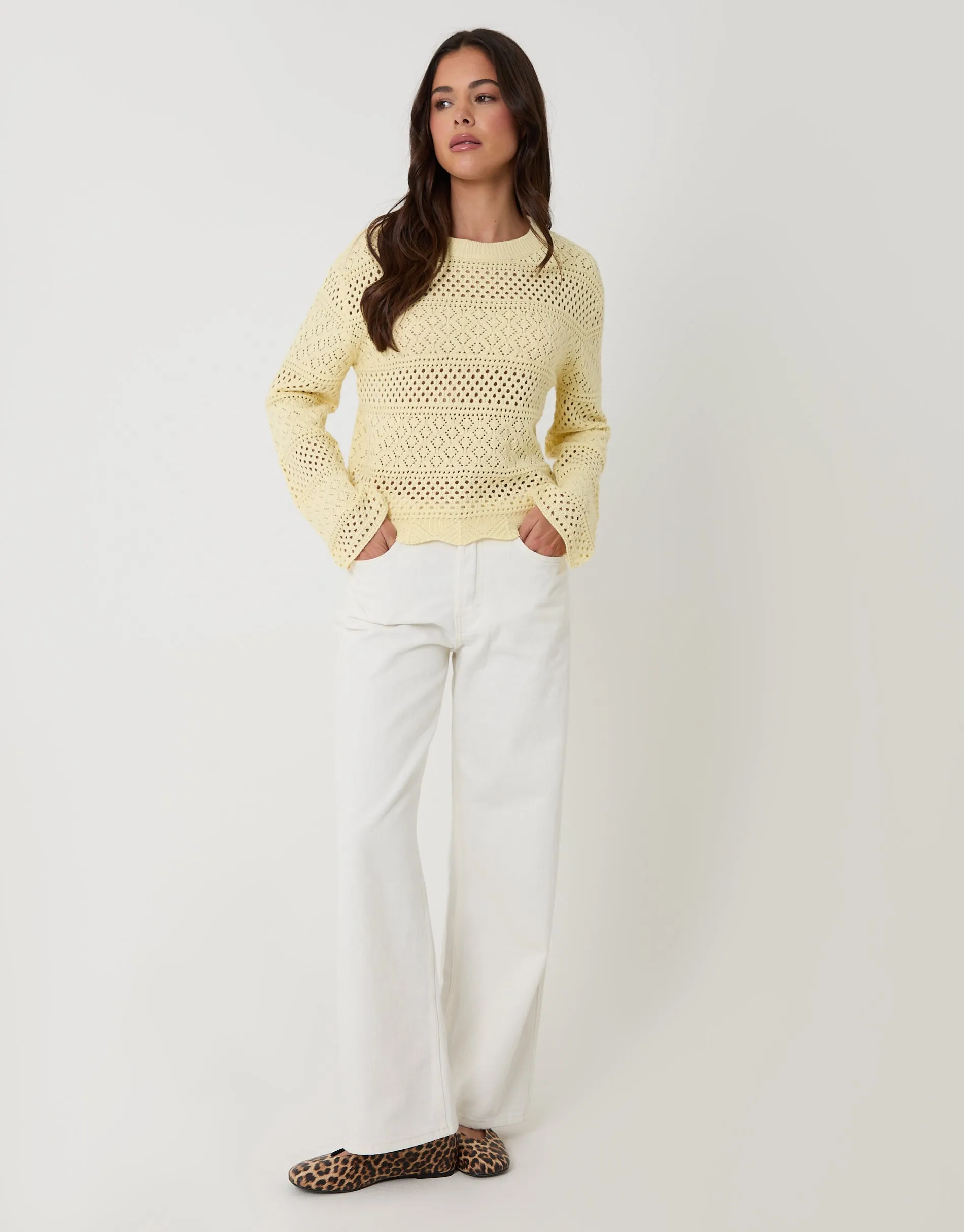 Lemon Yellow Long Sleeve Pointelle Crochet Knit Jumper sold by Threadbare product image thumbnail 3