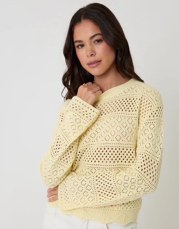 Lemon Yellow Long Sleeve Pointelle Crochet Knit Jumper made by Threadbare