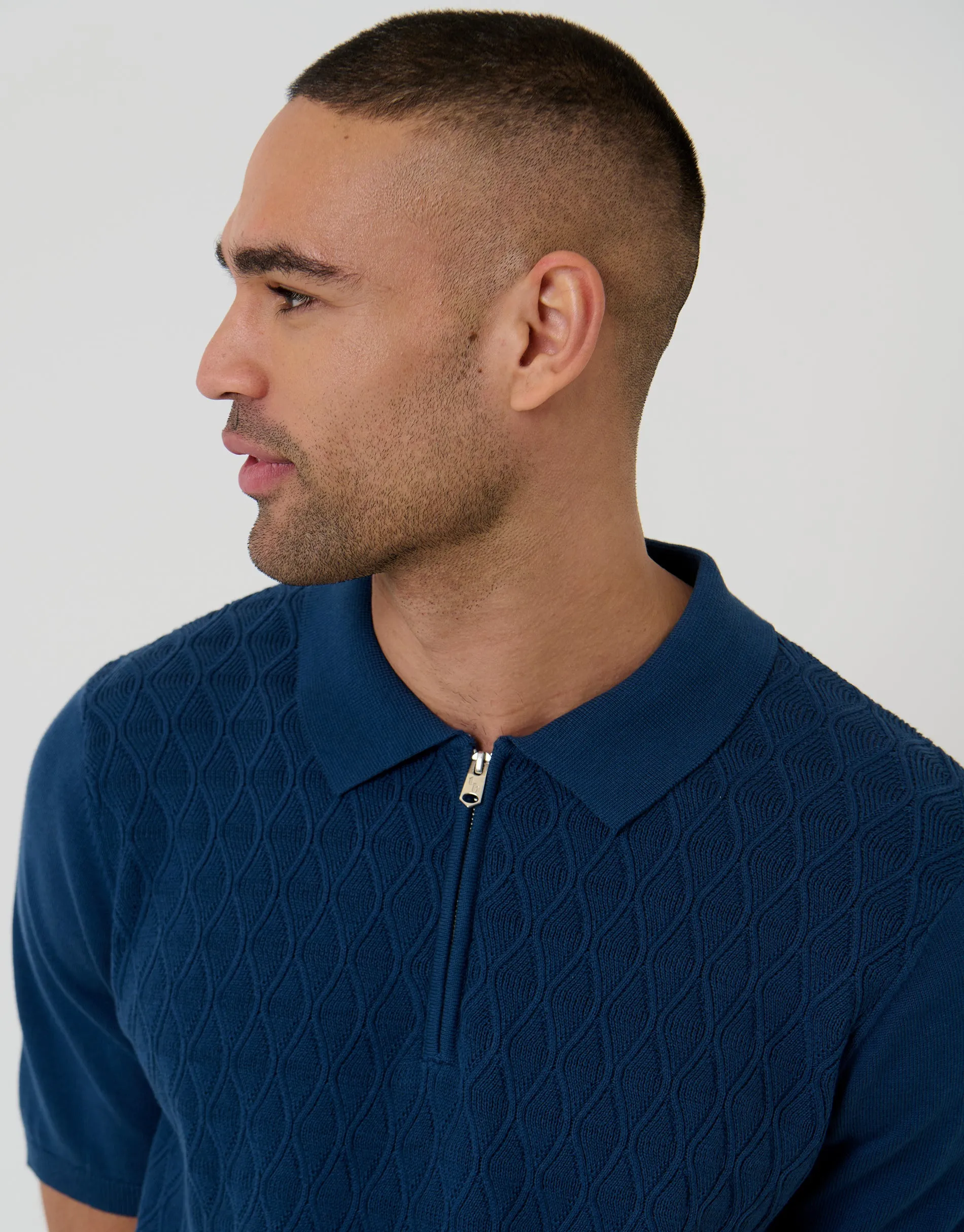 Diamond Cable Knit Quarter Zip Polo in Denim Blue sold by Threadbare product image thumbnail 4