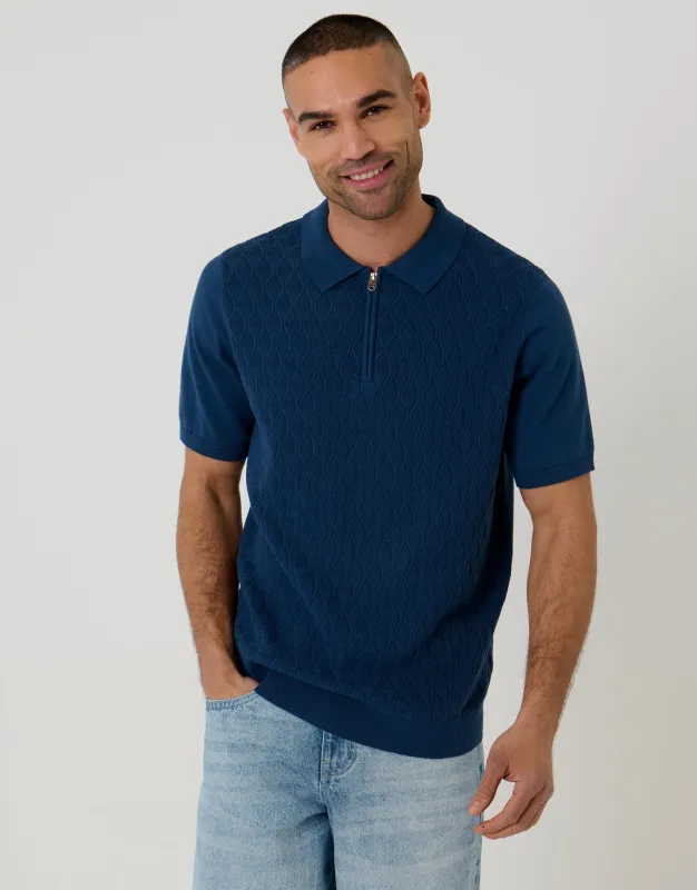 Diamond Cable Knit Quarter Zip Polo in Denim Blue made by Threadbare