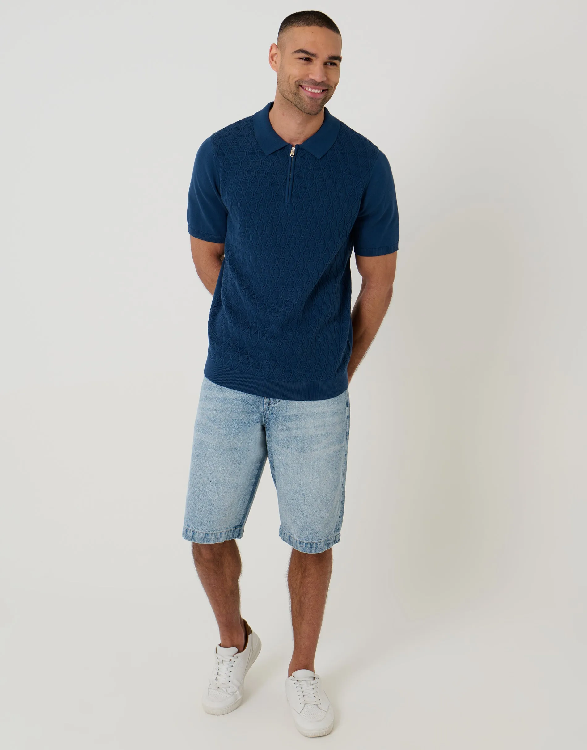 Diamond Cable Knit Quarter Zip Polo in Denim Blue sold by Threadbare product image thumbnail 3