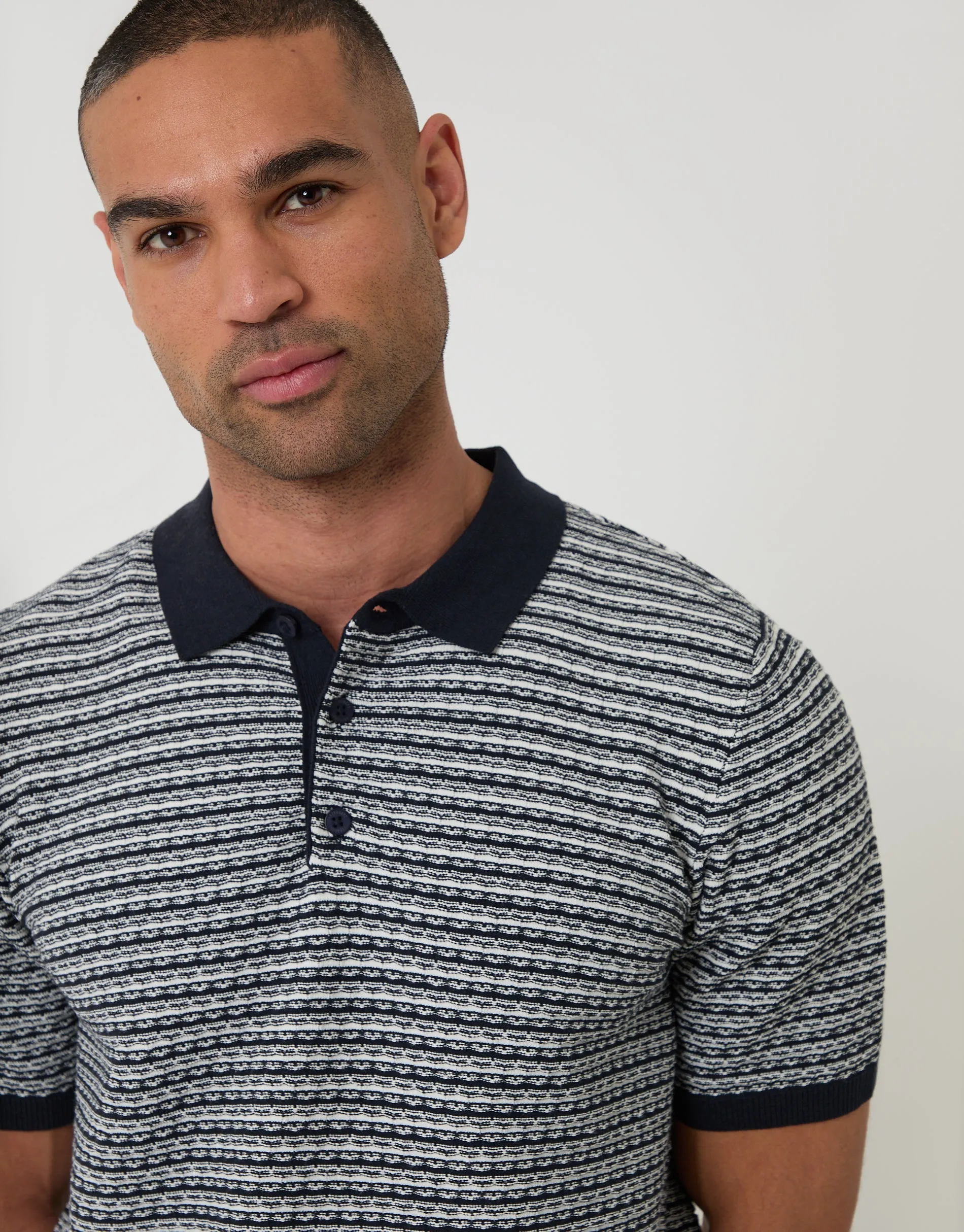 Navy Textured Stripe Knitted Polo sold by Threadbare product image thumbnail 4