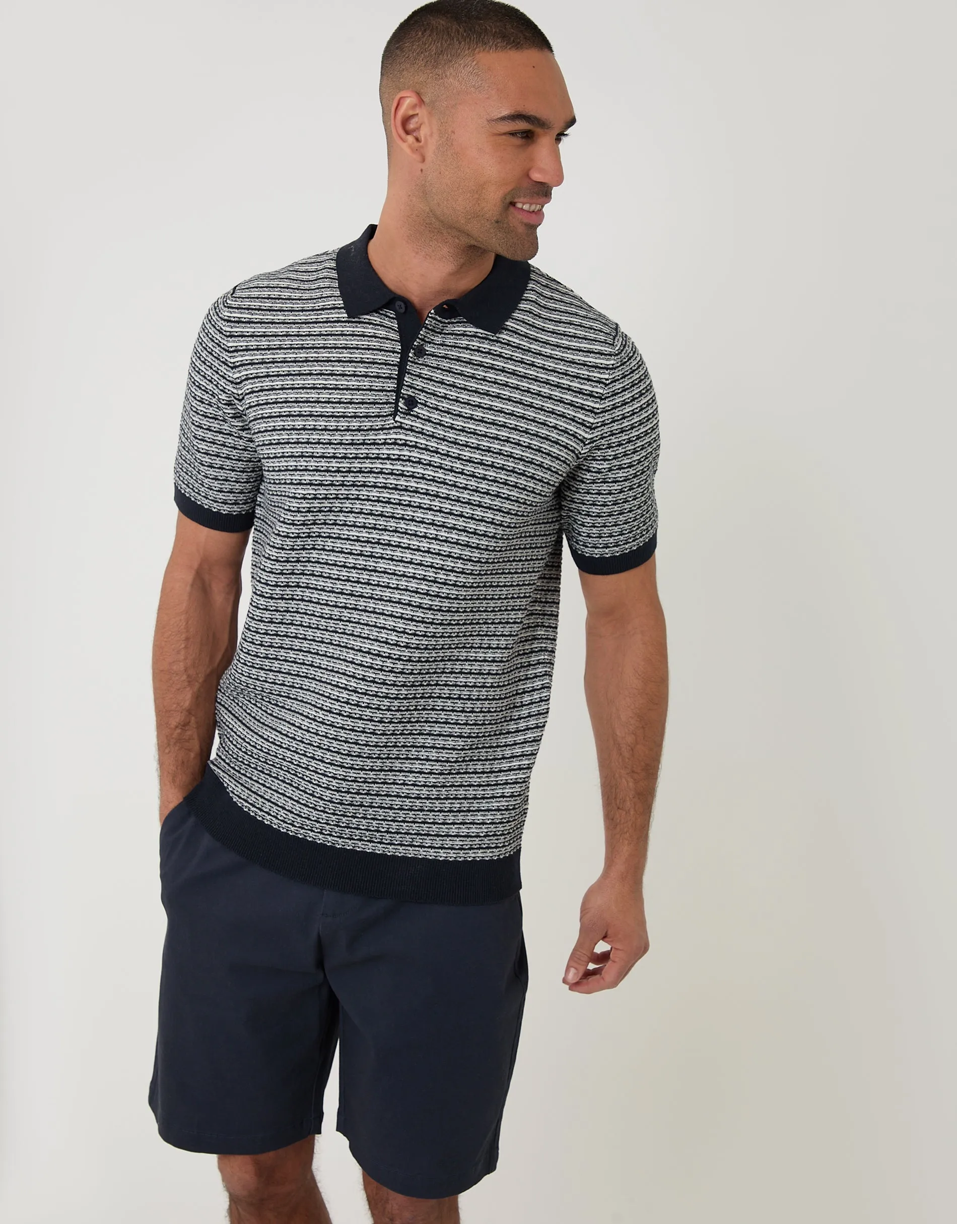 Navy Textured Stripe Knitted Polo sold by Threadbare