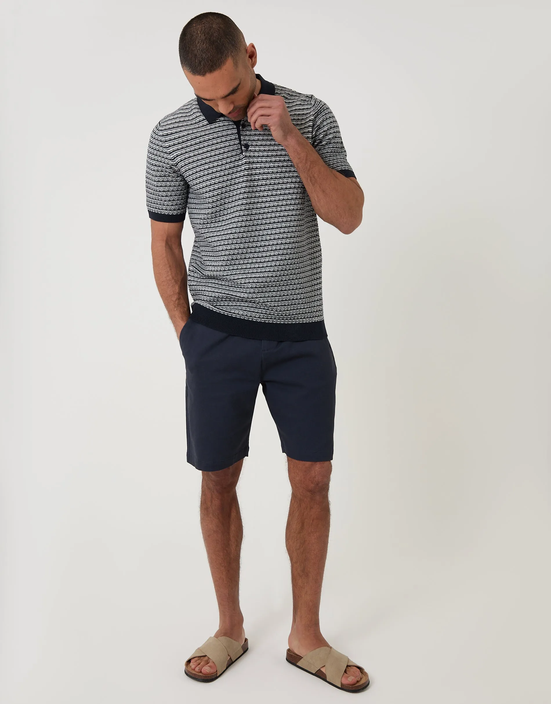 Navy Textured Stripe Knitted Polo sold by Threadbare product image thumbnail 3