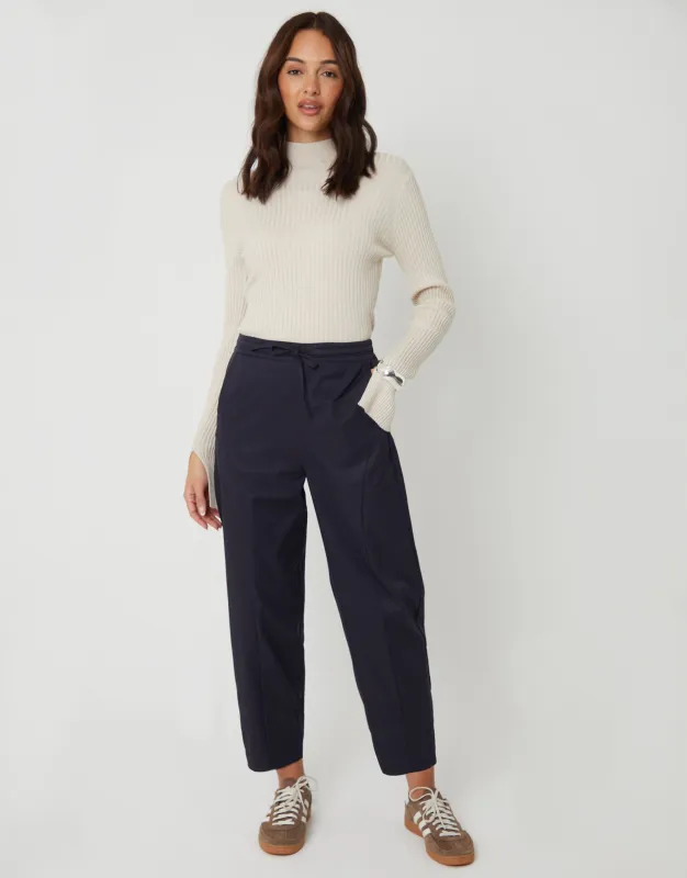 Curved Seam Barrel Leg Trousers in Navy made by Threadbare