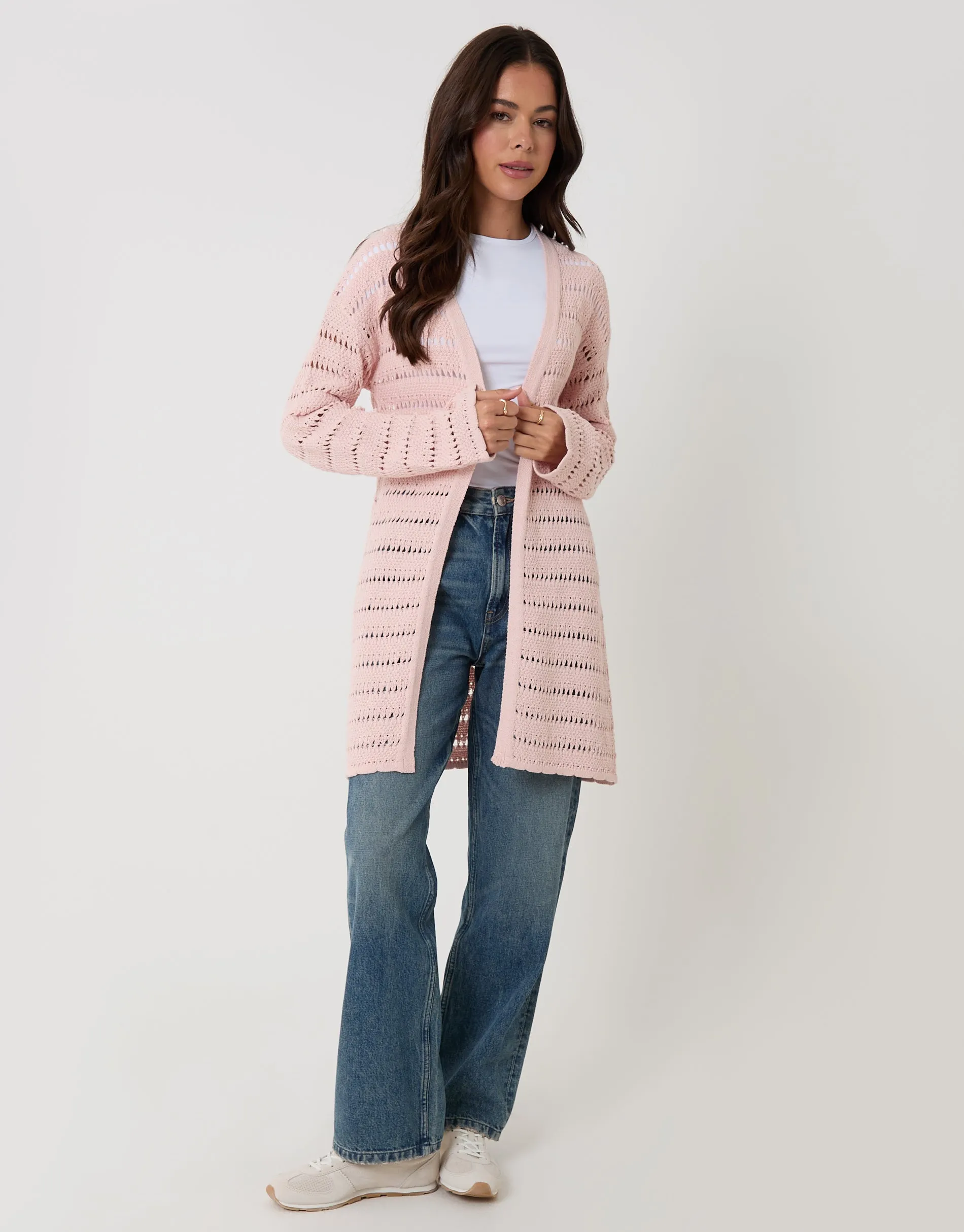 Pink Pointelle Knit Longline Cardigan sold by Threadbare product image thumbnail 3