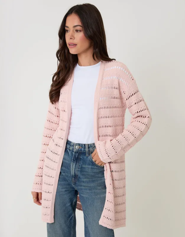 Pink Pointelle Knit Longline Cardigan made by Threadbare