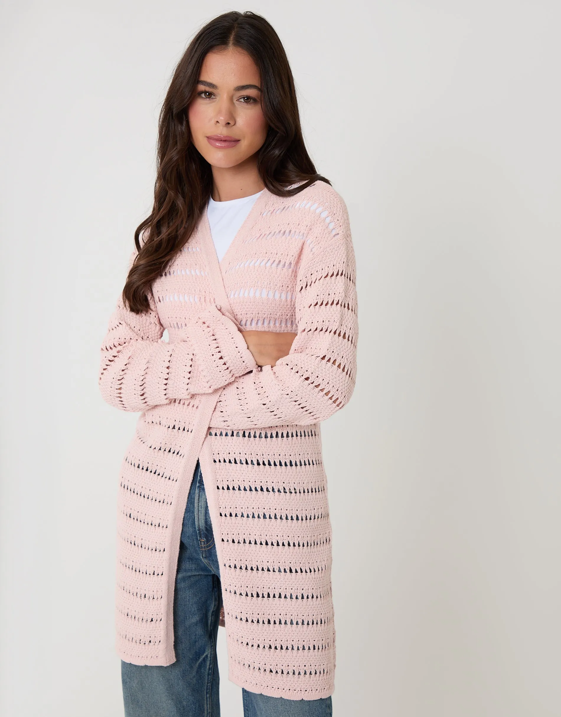 Pink Pointelle Knit Longline Cardigan sold by Threadbare product image thumbnail 5