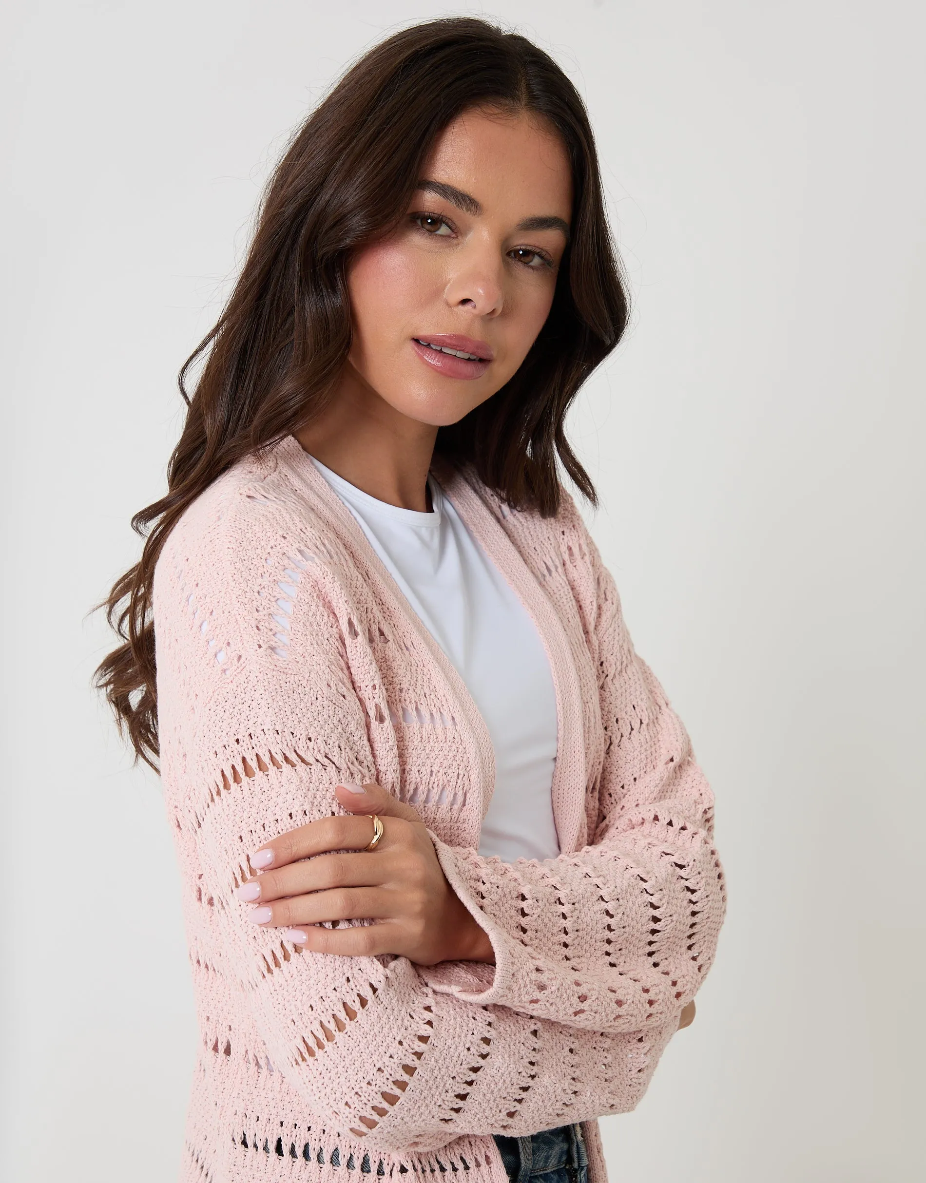 Pink Pointelle Knit Longline Cardigan sold by Threadbare product image thumbnail 4