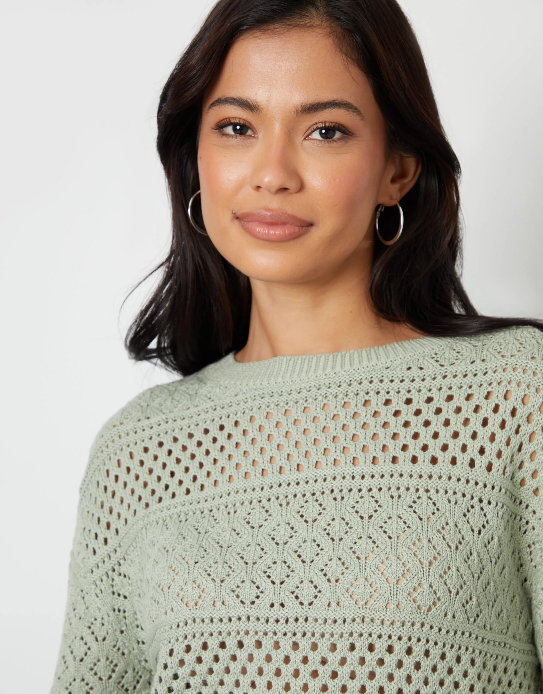 Long Sleeve Crochet Style Jumper in Sage Green sold by Threadbare product image thumbnail 2