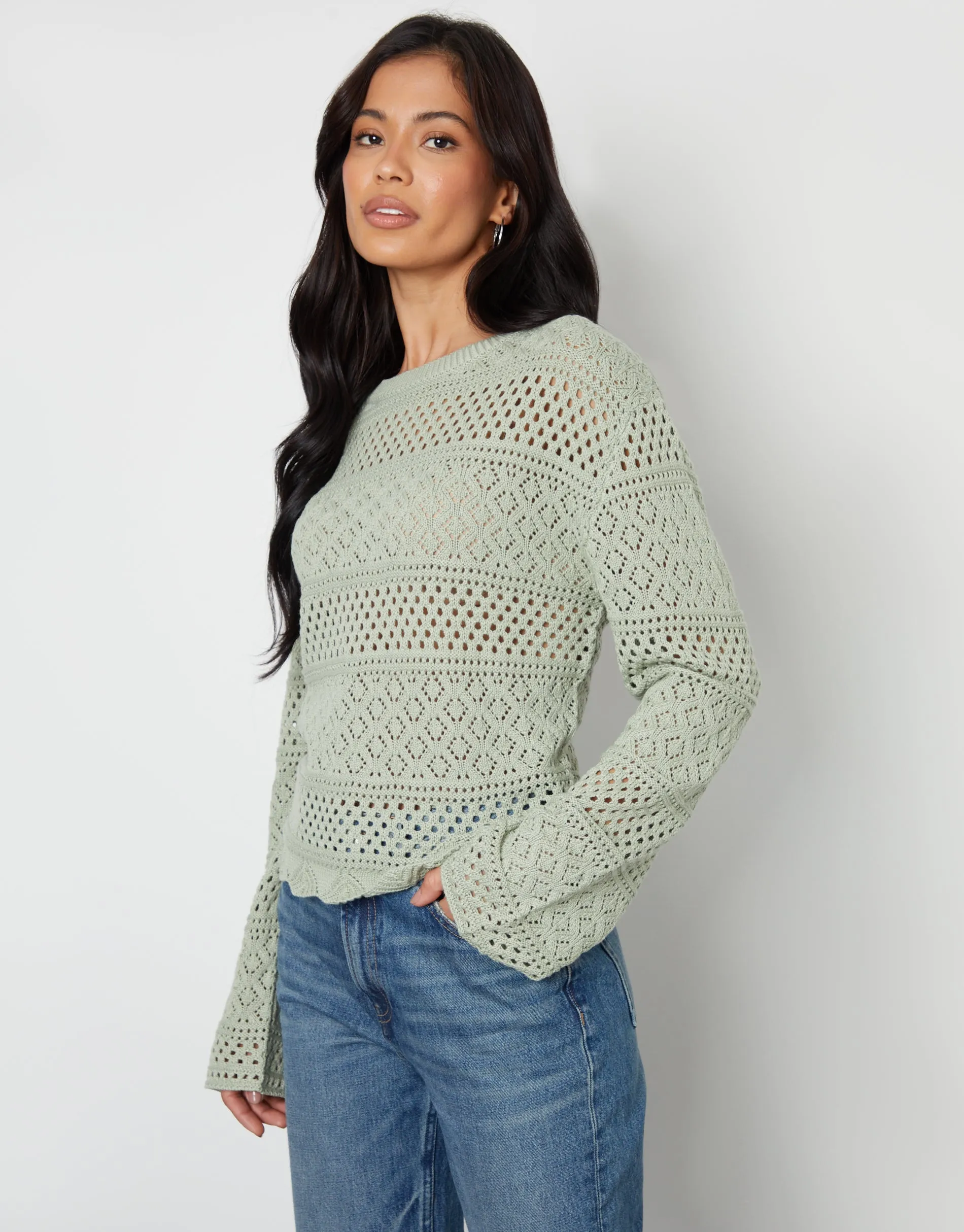 Long Sleeve Crochet Style Jumper in Sage Green sold by Threadbare product image thumbnail 3