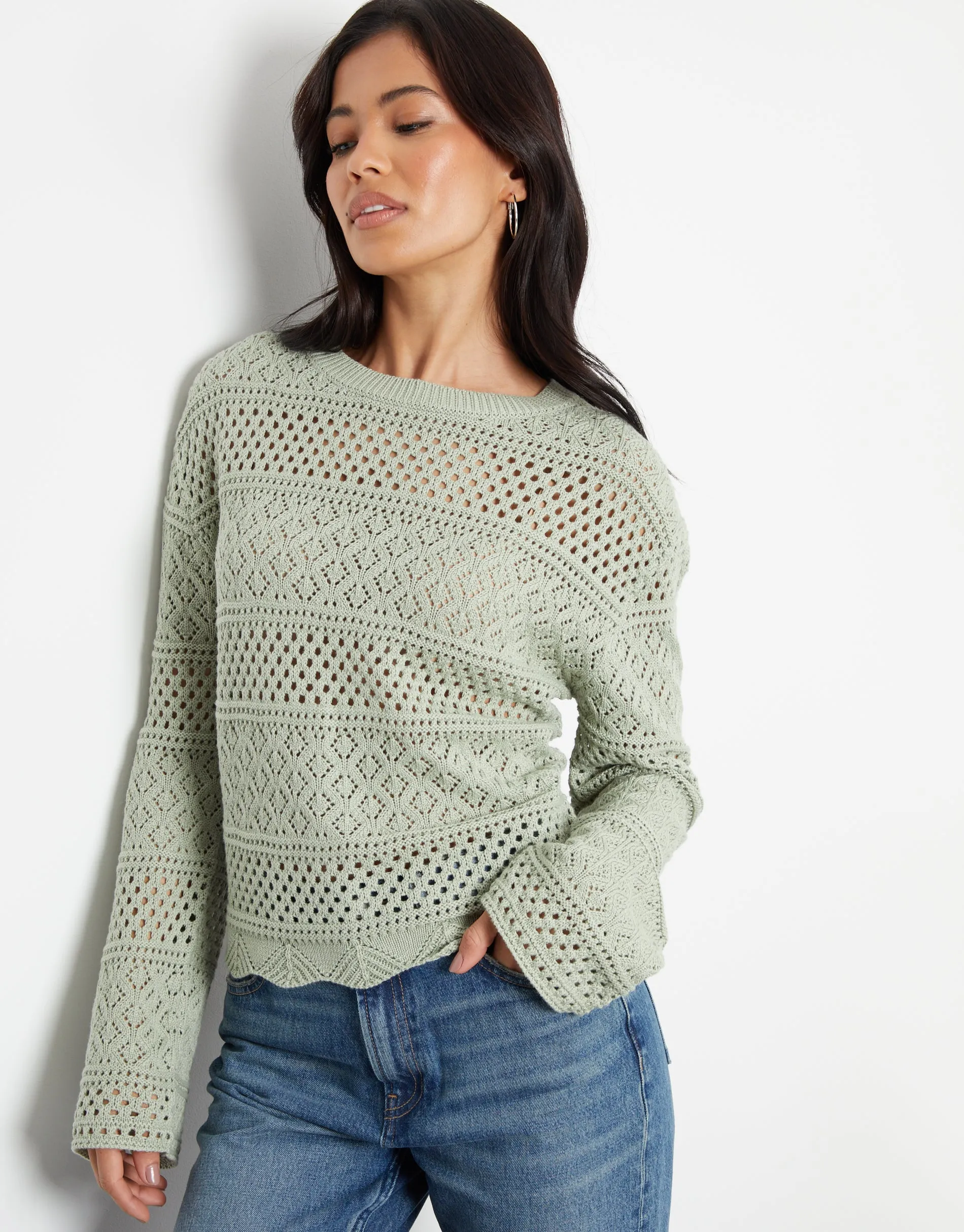 Long Sleeve Crochet Style Jumper in Sage Green sold by Threadbare