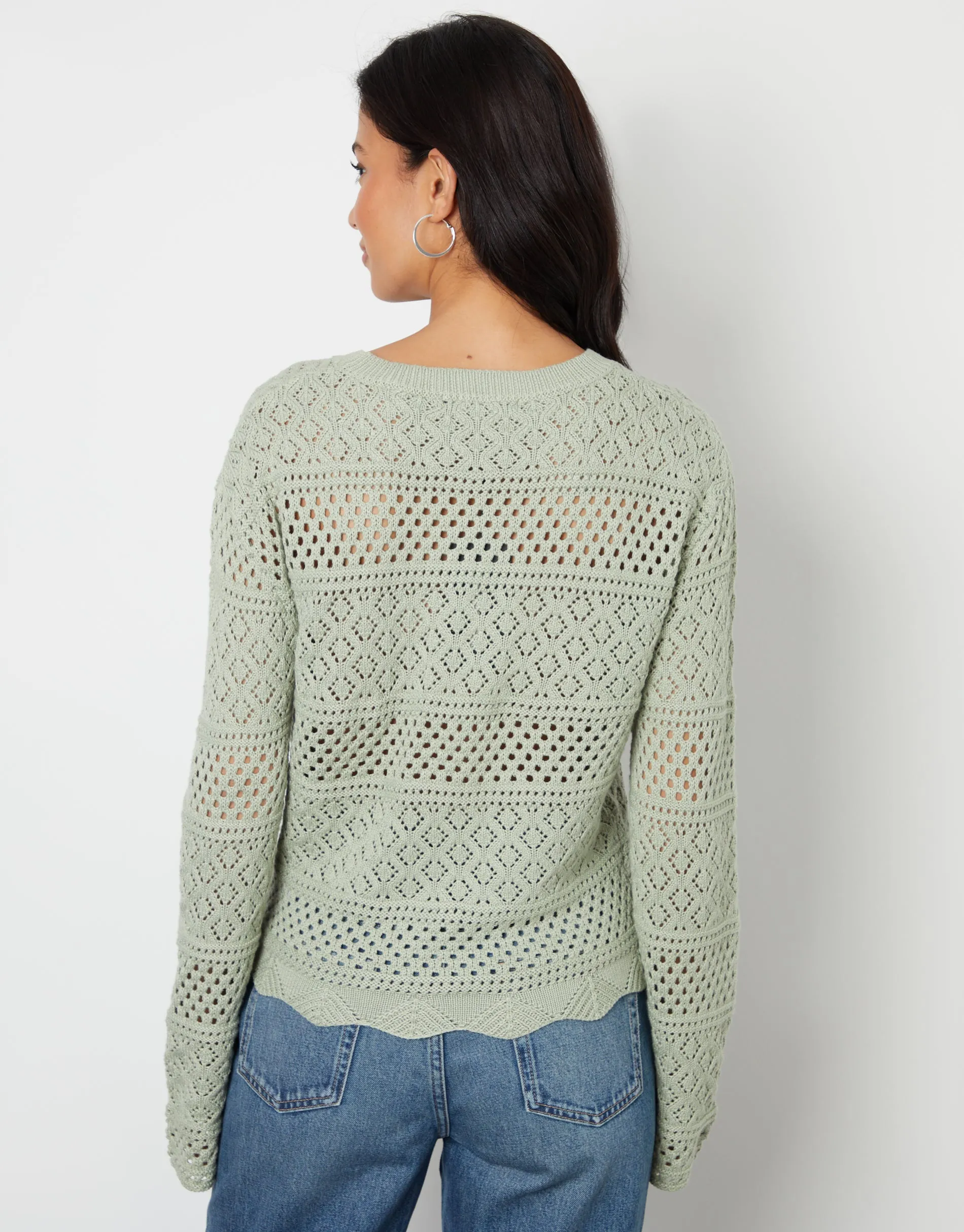 Long Sleeve Crochet Style Jumper in Sage Green sold by Threadbare product image thumbnail 4