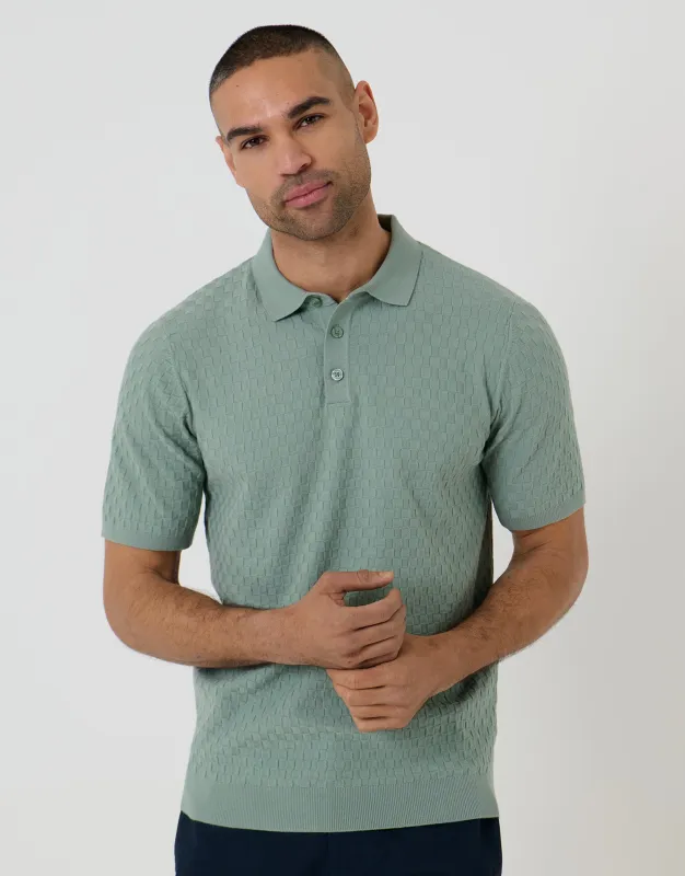 Sage Green Basket Stitch Knitted Polo made by Threadbare