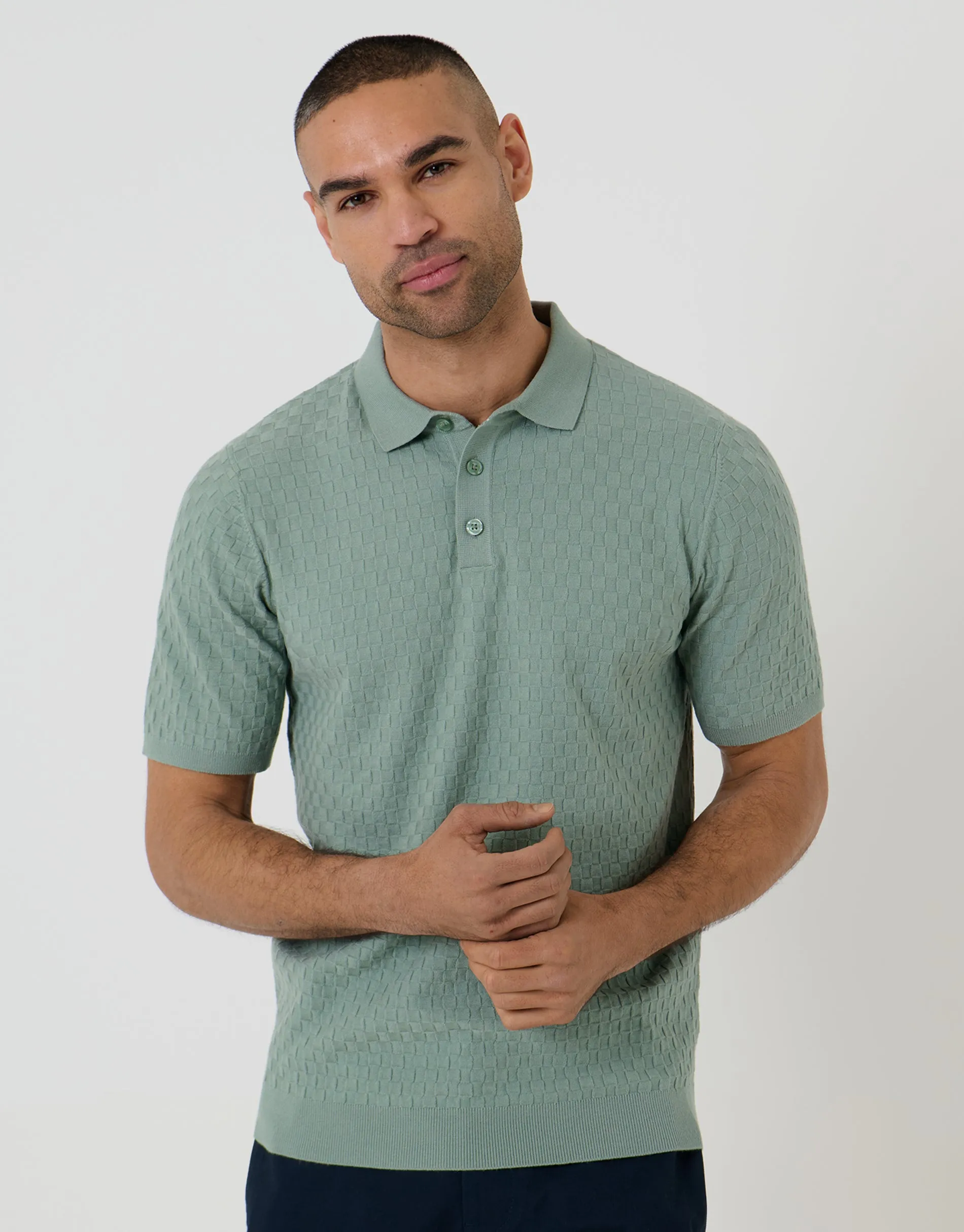 Sage Green Basket Stitch Knitted Polo sold by Threadbare
