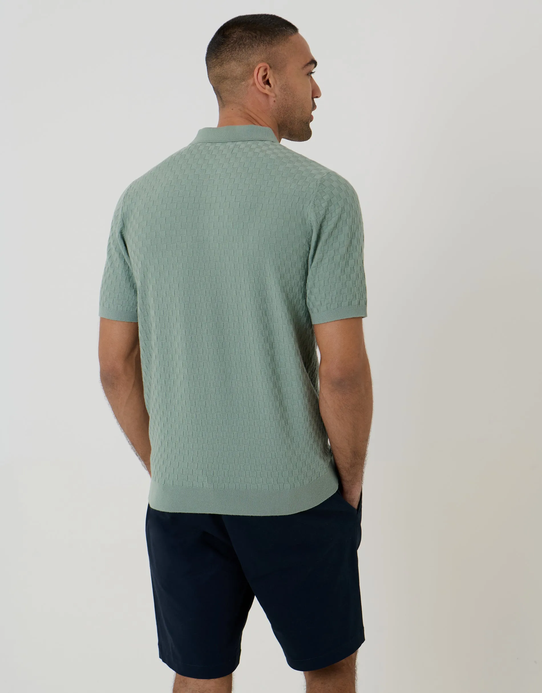 Sage Green Basket Stitch Knitted Polo sold by Threadbare product image thumbnail 2
