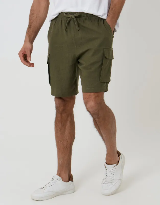 Linen Blend Cargo Shorts in Khaki Green made by Threadbare