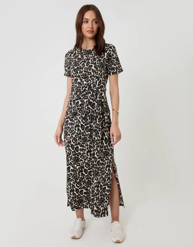 Leopard Tie Front Side Split Cotton Jersey Midi Dress sold by Threadbare