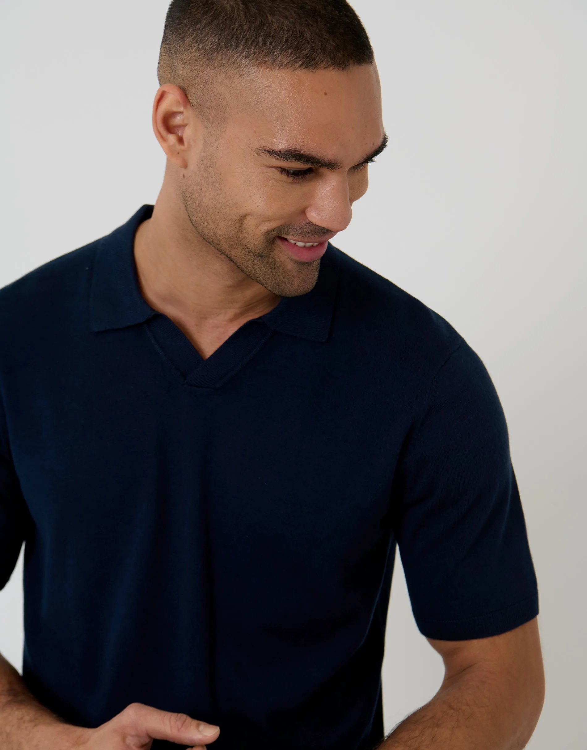 Knitted Trophy Neck Polo in Navy sold by Threadbare product image thumbnail 4
