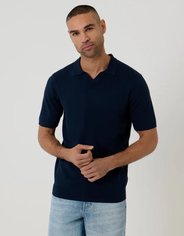 Knitted Trophy Neck Polo in Navy made by Threadbare