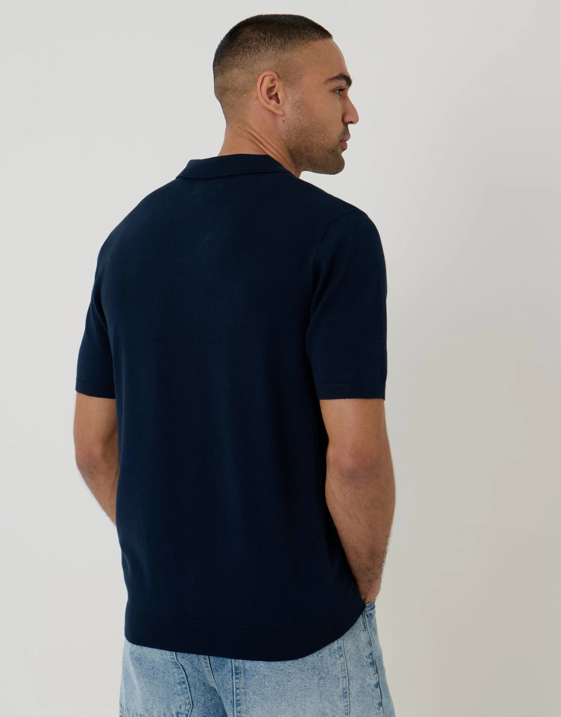 Knitted Trophy Neck Polo in Navy sold by Threadbare product image thumbnail 2