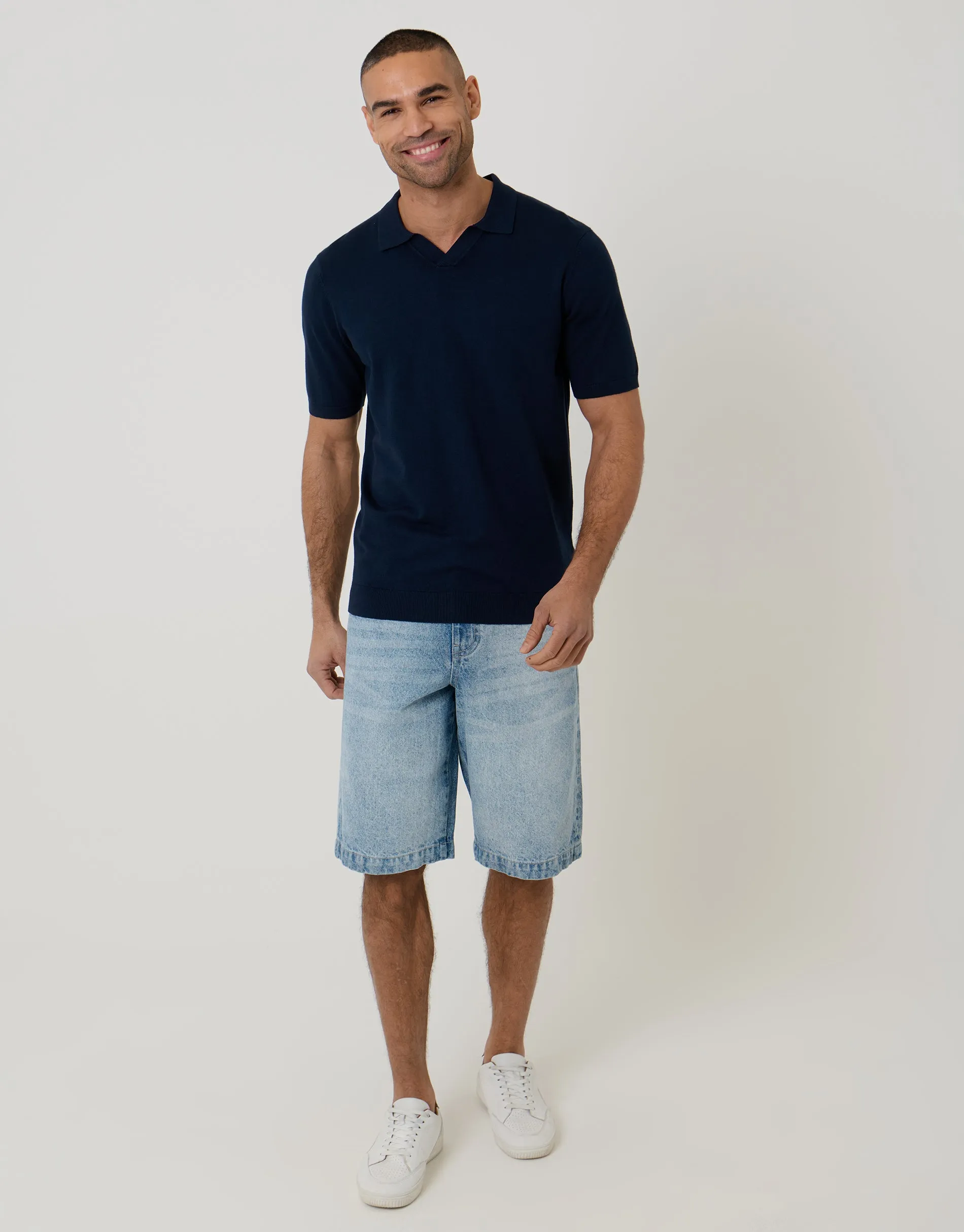 Knitted Trophy Neck Polo in Navy sold by Threadbare product image thumbnail 3