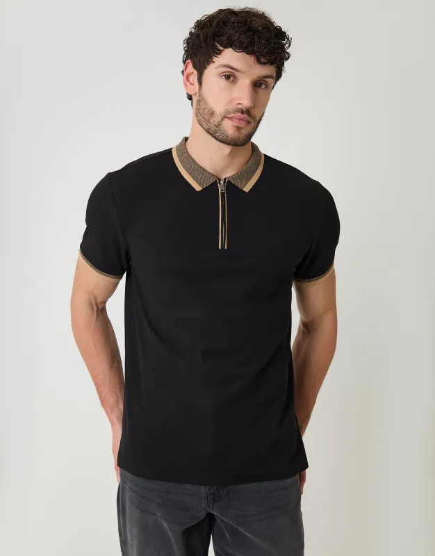 Black Pique Tipping Collar Quarter Zip Polo Shirt sold by Threadbare