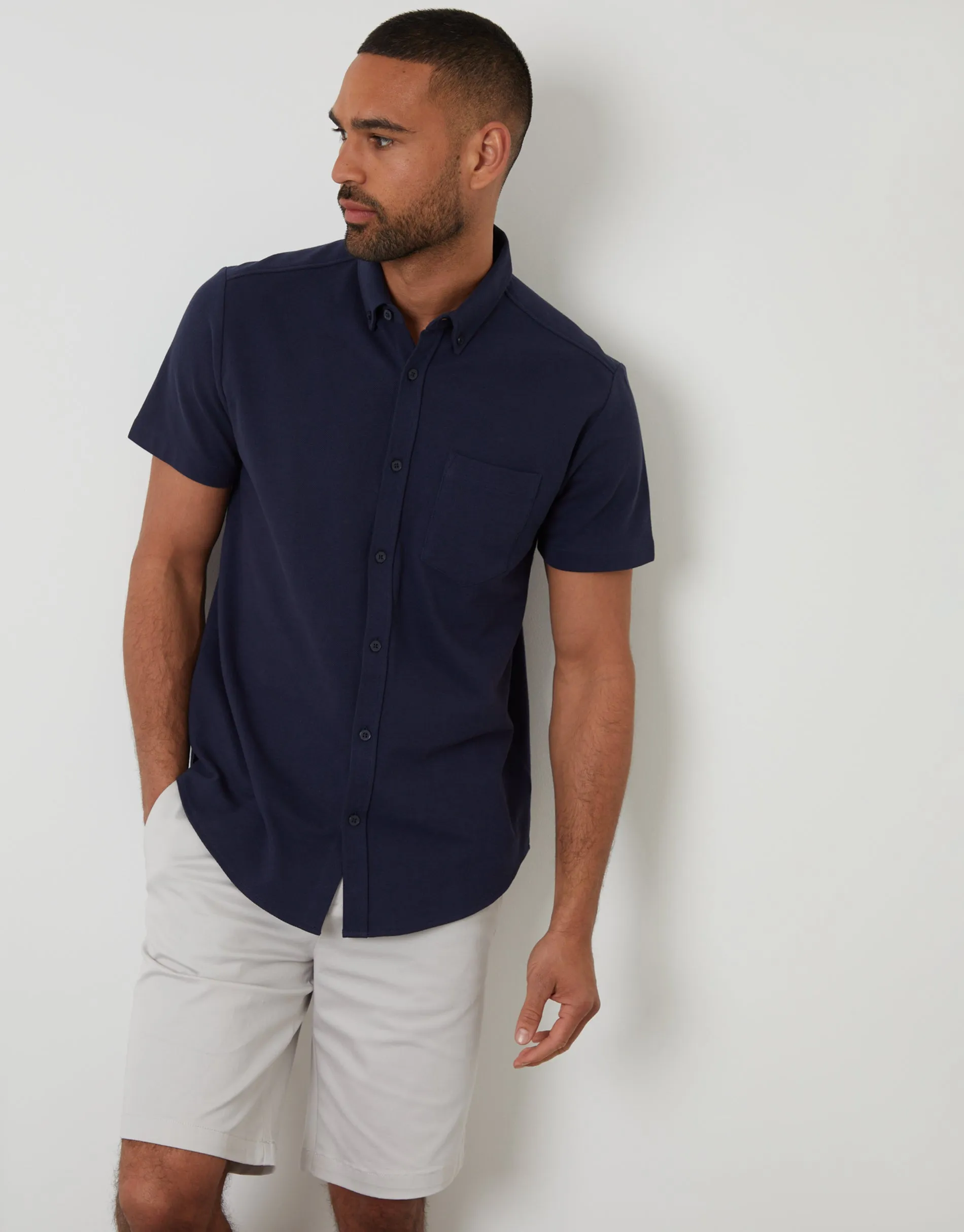 Navy Pique Short Sleeve Shirt sold by Threadbare