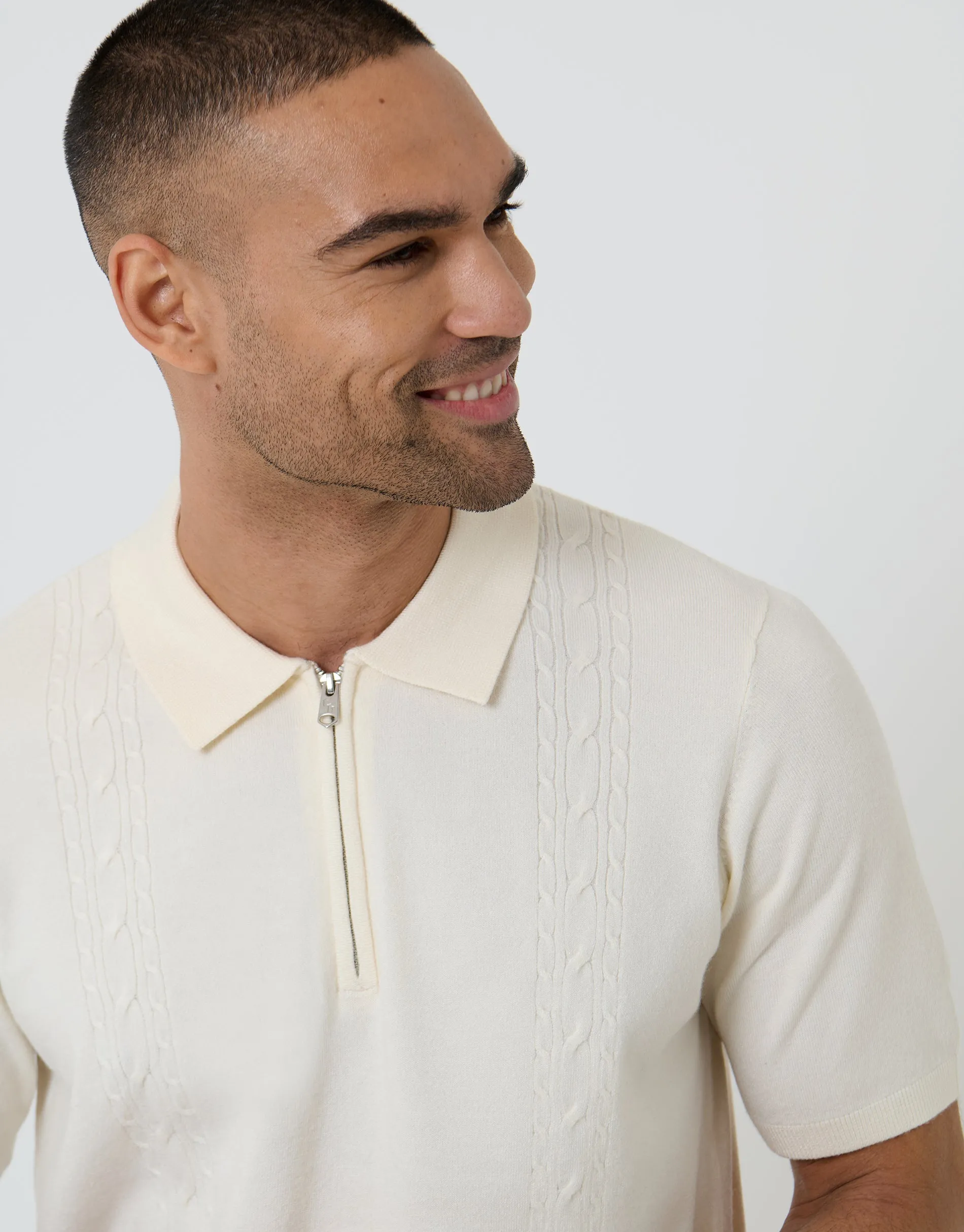 Cable Knit Quarter Zip Polo in Ecru sold by Threadbare product image thumbnail 4
