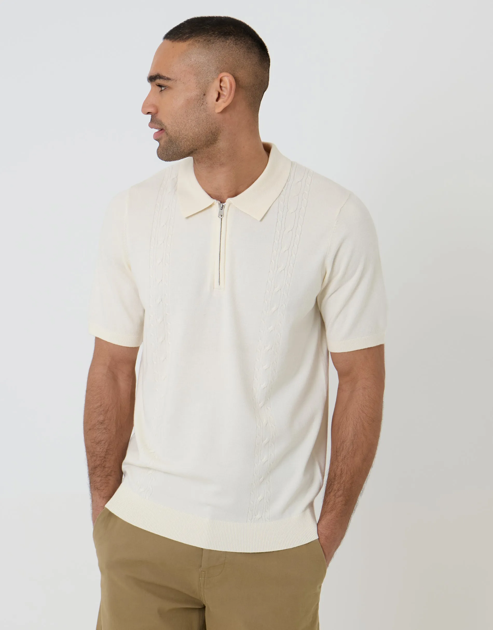 Cable Knit Quarter Zip Polo in Ecru sold by Threadbare