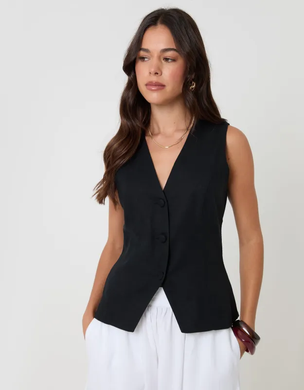 Black Linen Blend V-Neck Waistcoat sold by Threadbare