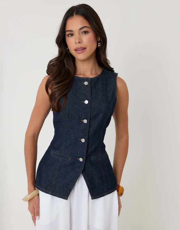 Indigo Denim Longline Waistcoat made by Threadbare
