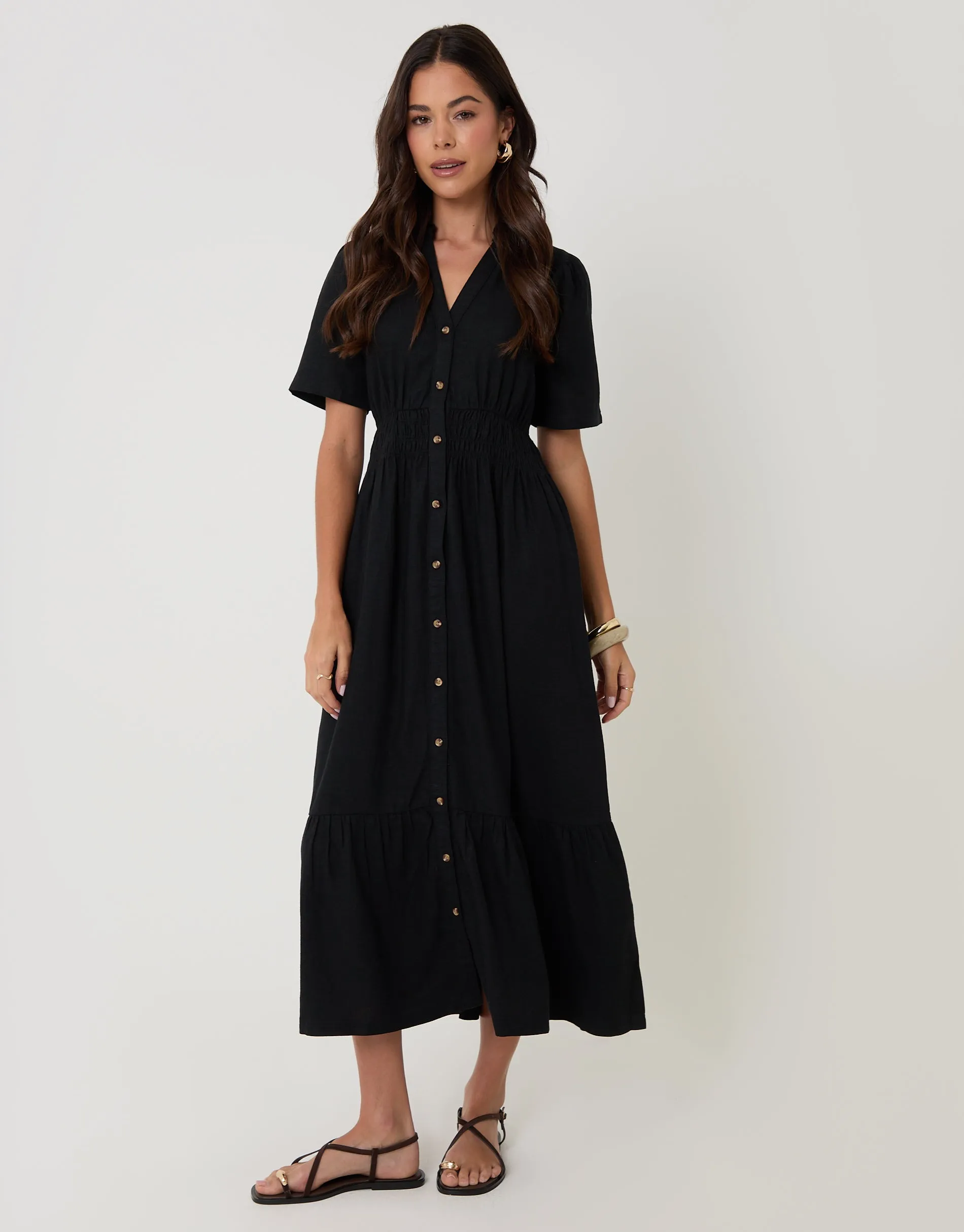 Tiered Linen Blend V Neck Maxi Dress in Black sold by Threadbare product image thumbnail 2
