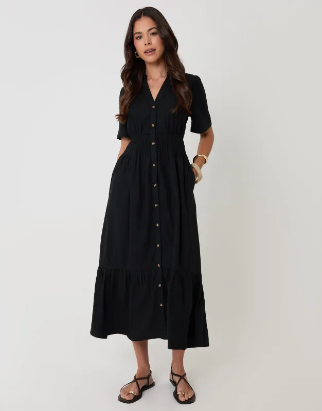 Tiered Linen Blend V Neck Maxi Dress in Black made by Threadbare