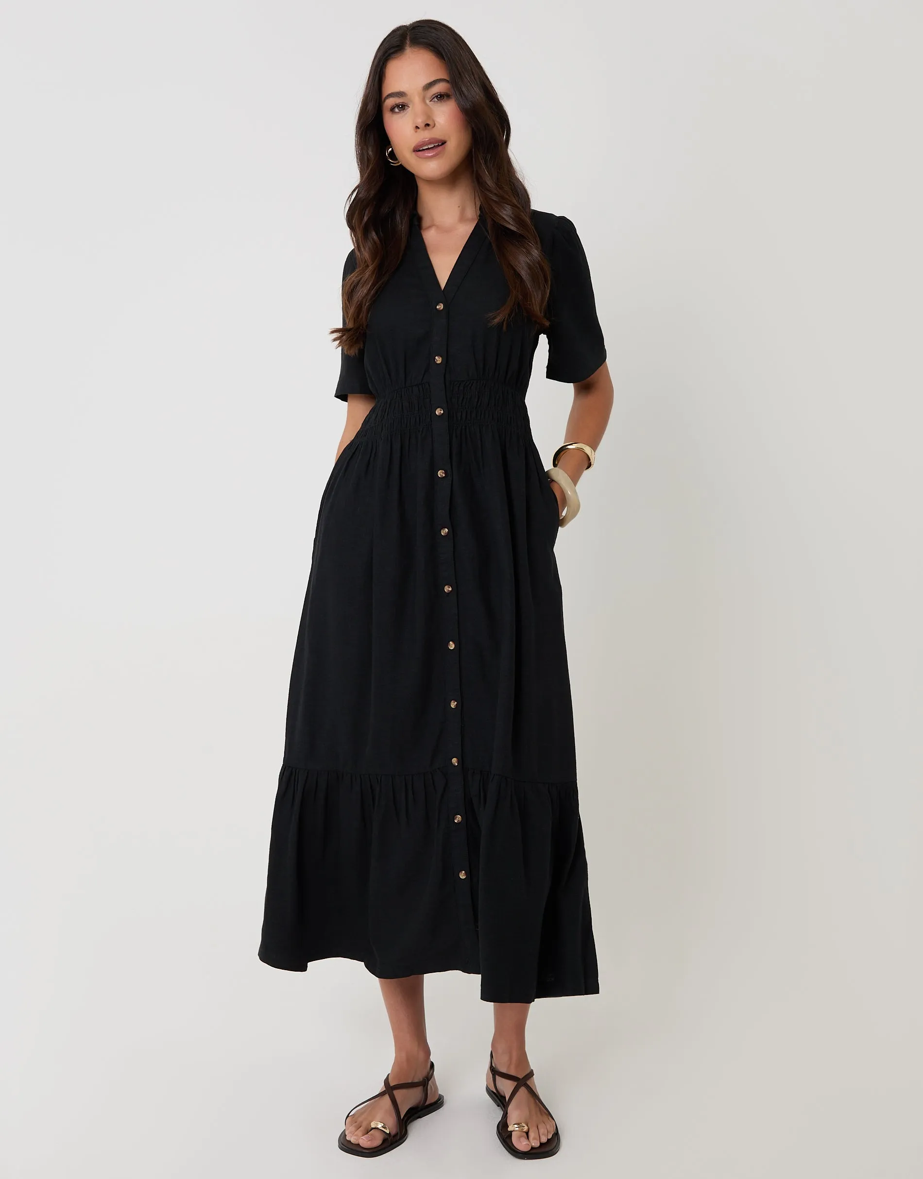 Tiered Linen Blend V Neck Maxi Dress in Black sold by Threadbare