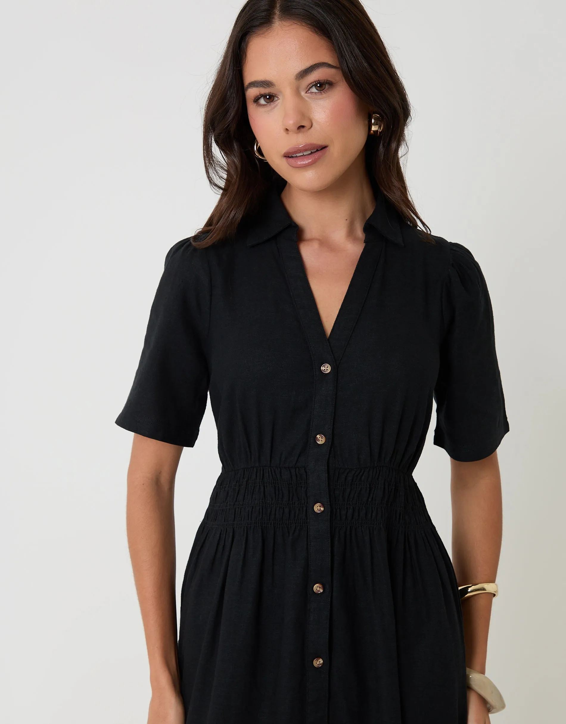 Tiered Linen Blend V Neck Maxi Dress in Black sold by Threadbare product image thumbnail 4