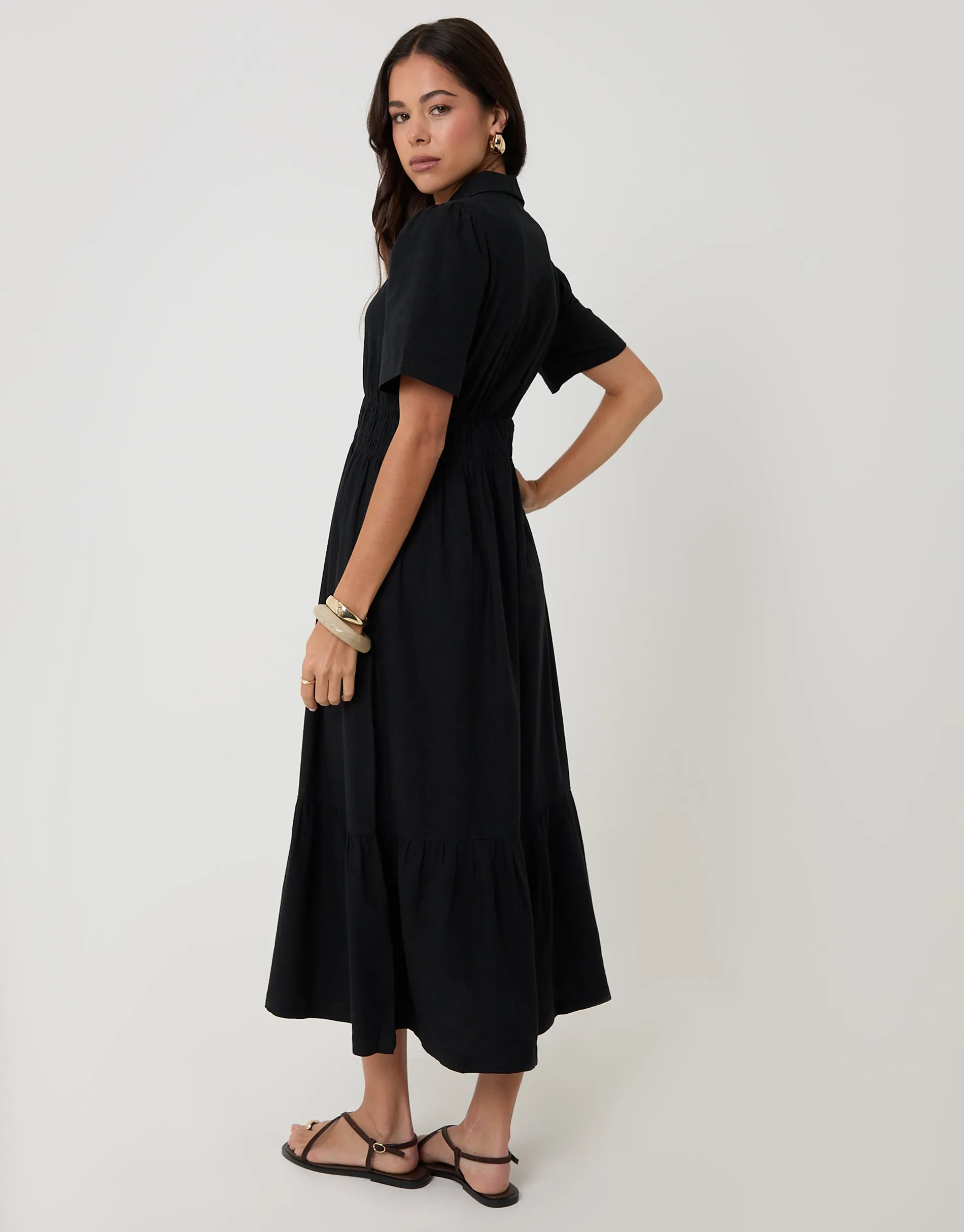 Tiered Linen Blend V Neck Maxi Dress in Black sold by Threadbare product image thumbnail 3