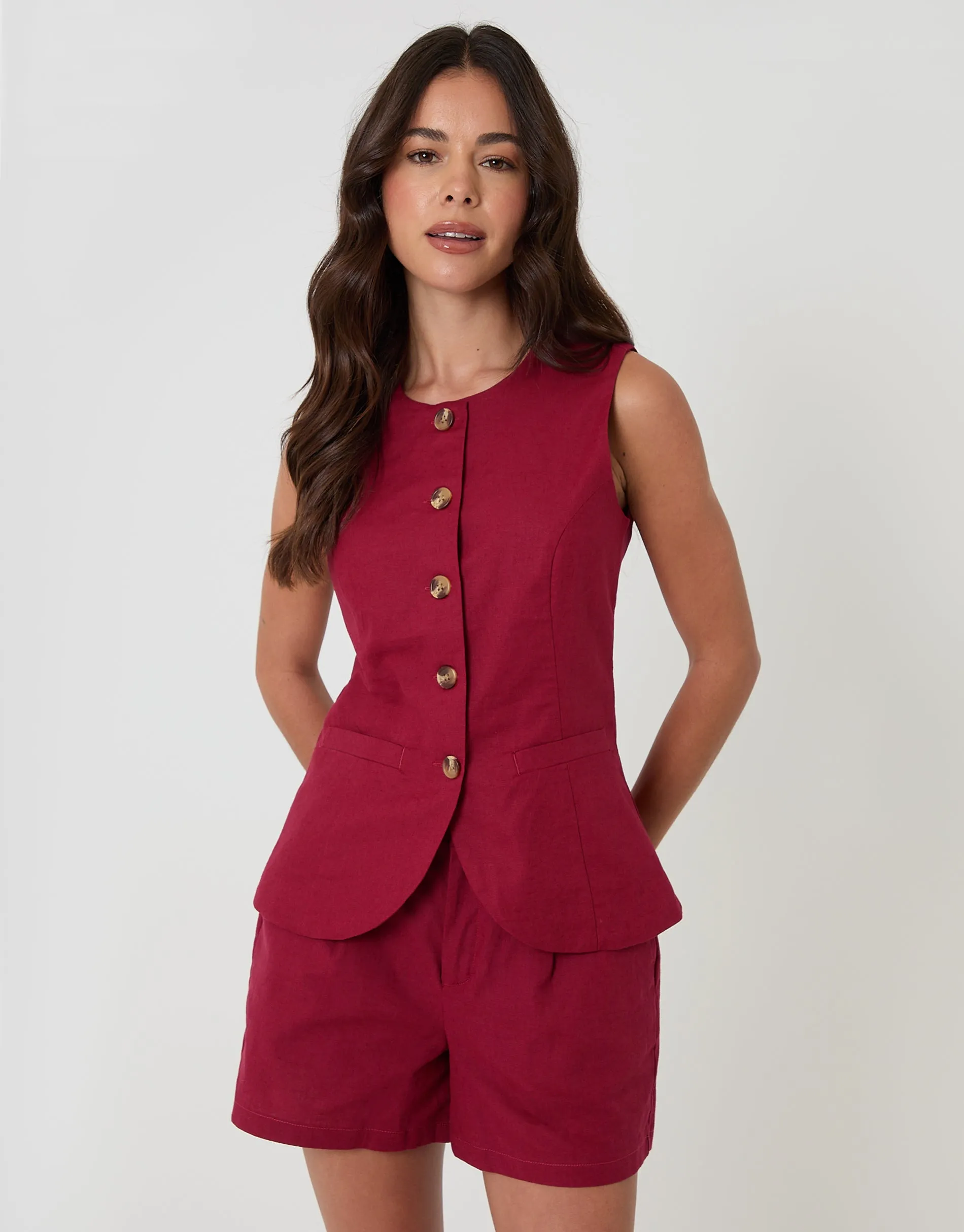 Linen Blend Longline Waistcoat in Red sold by Threadbare